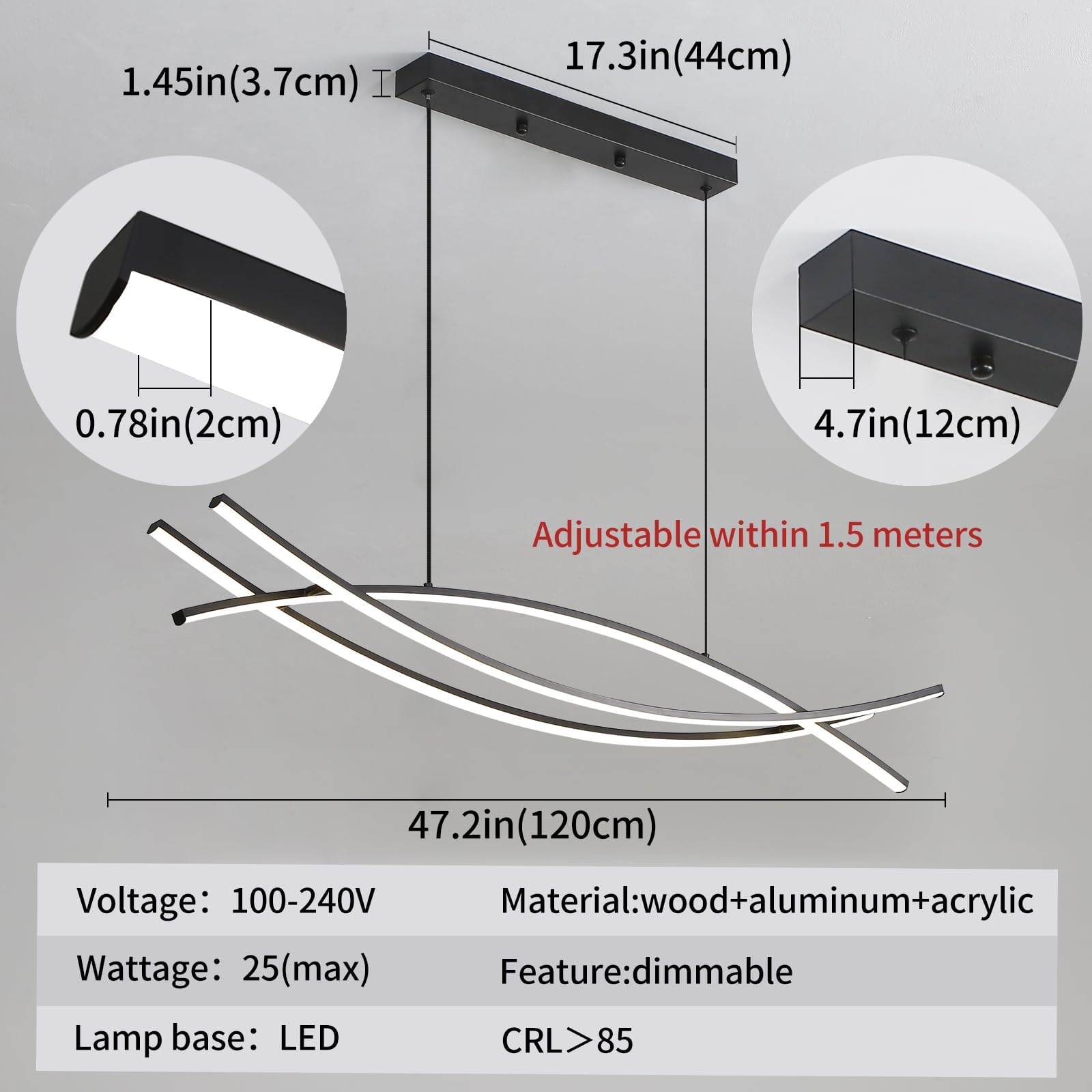 Matven Modern Chandelier, Linear Pendant Light, LED Dimmable, 47IN, Black, Model YGHS, Remote Control, Acrylic