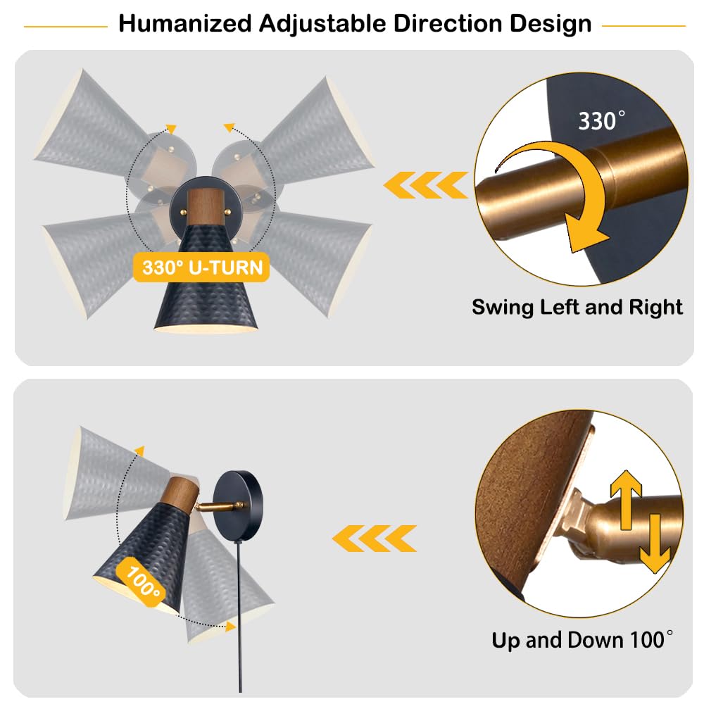 Black Plug In Wall Sconces Set Of 2, Modern Wall Light With Plug In Cord, Wooden Plug In Wall Lamps With Hammered Metal Shade, Corded Wall Sconce Light Plug In For Bedroom, Living Room, Hallway