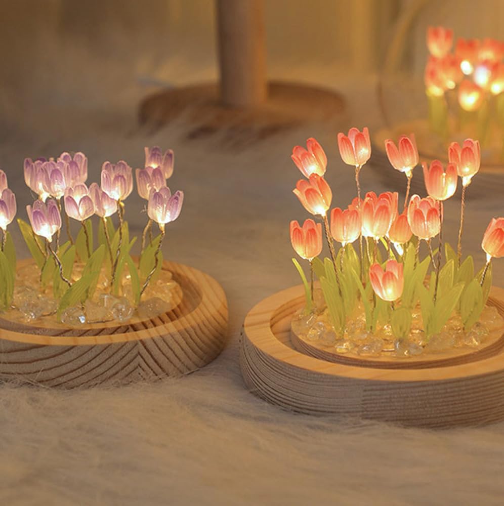 LOGAZOO Tulip Lamp - 20 Flower Night Light, Purple Glass Dome, Plastic, Model XZH05PK, Handmade Table Decoration for Home or Gifts