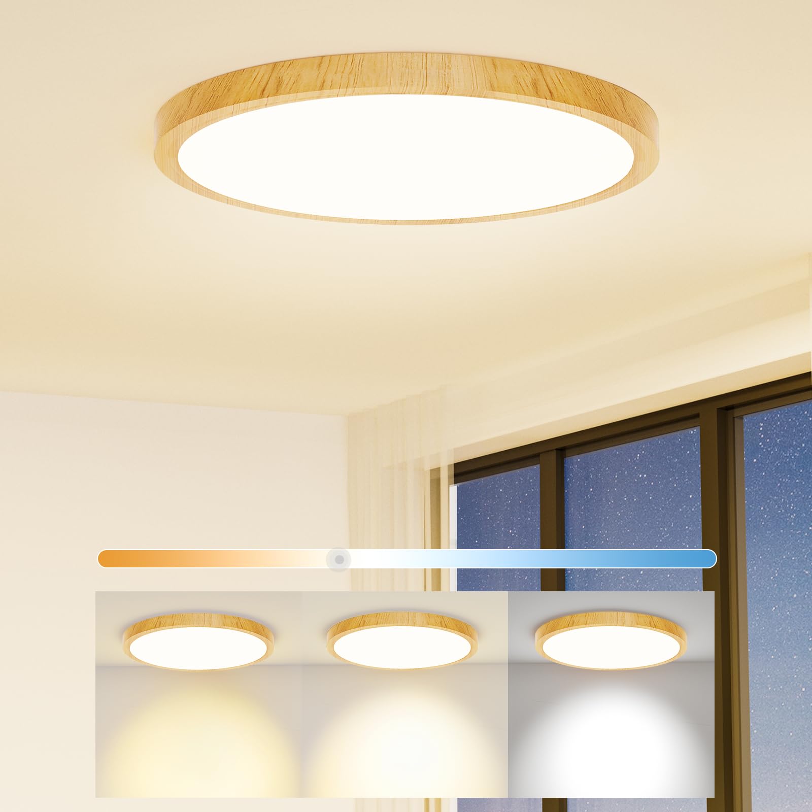 Light Fixtures Ceiling Mount: 12 Inch 24W Wood Grain 3Cct Led Ceiling Light 3000K-4000K-6000K Selectable Flat Low Profile Round Ceiling Lights For Bedroom Laundry Closet Hallway Office
