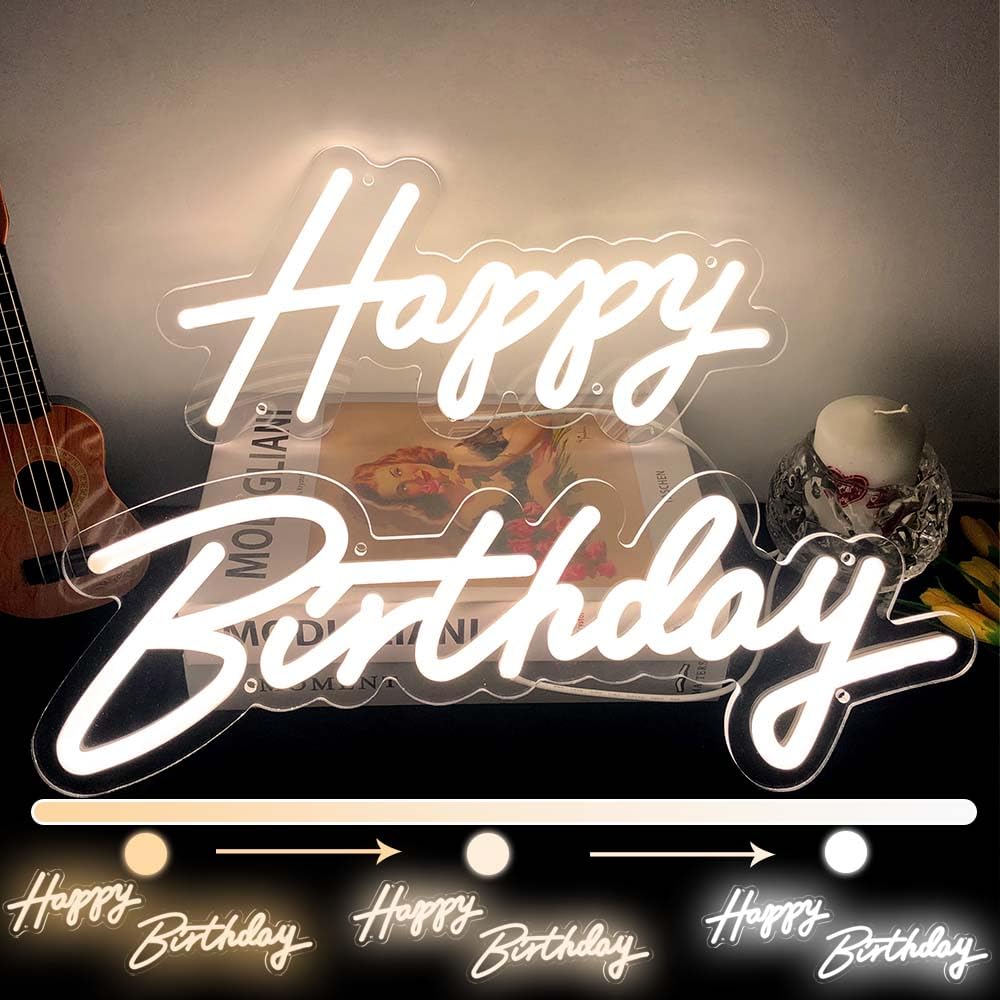 divatla Happy Birthday Neon Sign - 3 Color Modes, USB, Dimmable - 17inx12in or 30inx14in - Warm, Warm White, White