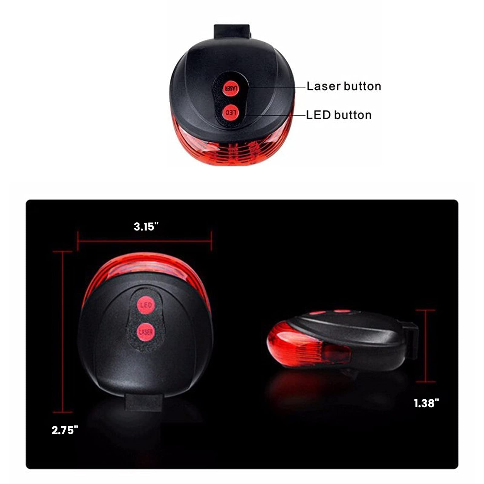EWUHRY Bike Taillight - 7 Flash Modes, Waterproof, 5 LED & 2 Laser Beams, Red, A - Tail Light