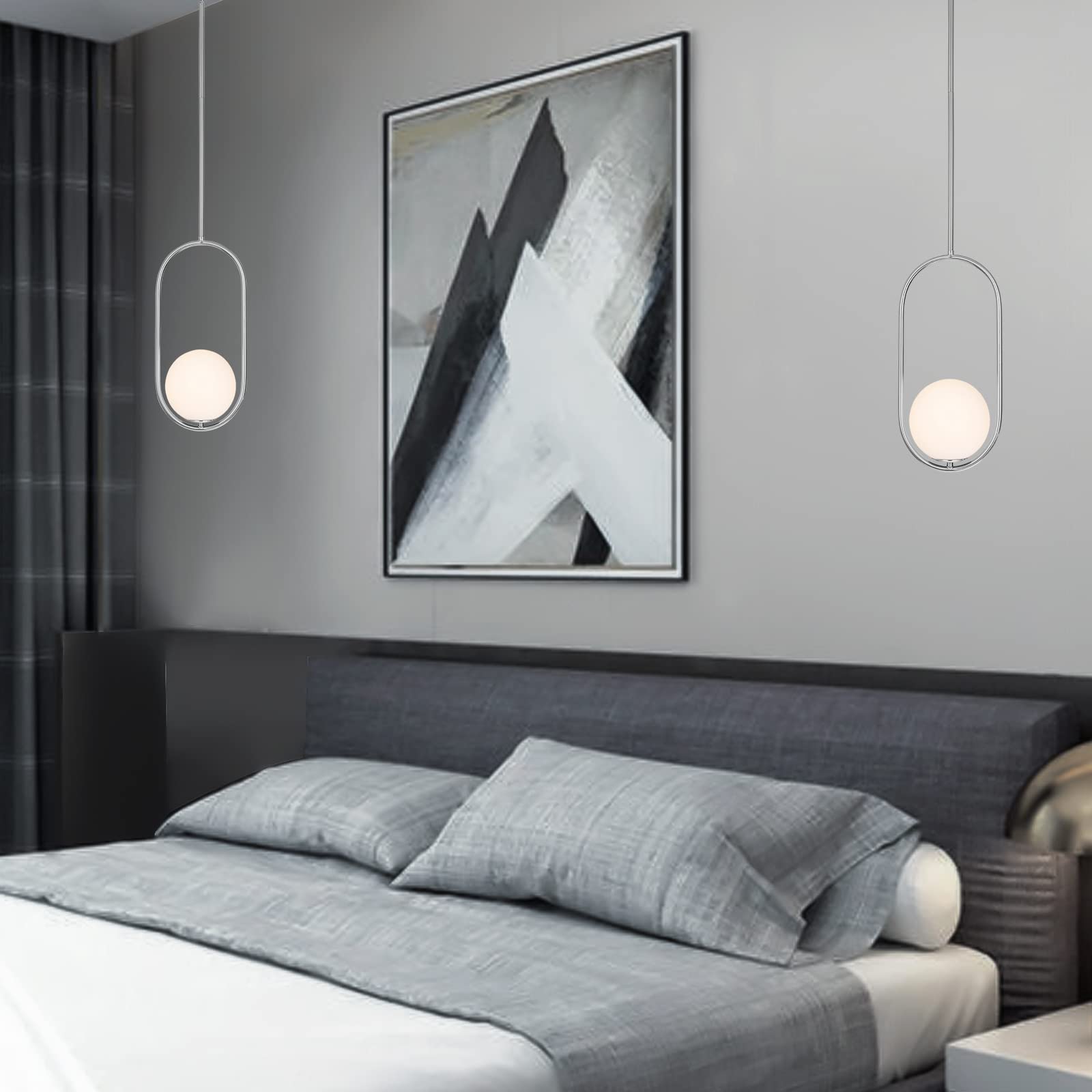 Seeu Pendant Lighting Modern Style Chrome Chandelier,Single Hanging Light Fixture Milky Glass Globe Lampshade Pendant Light Fixt