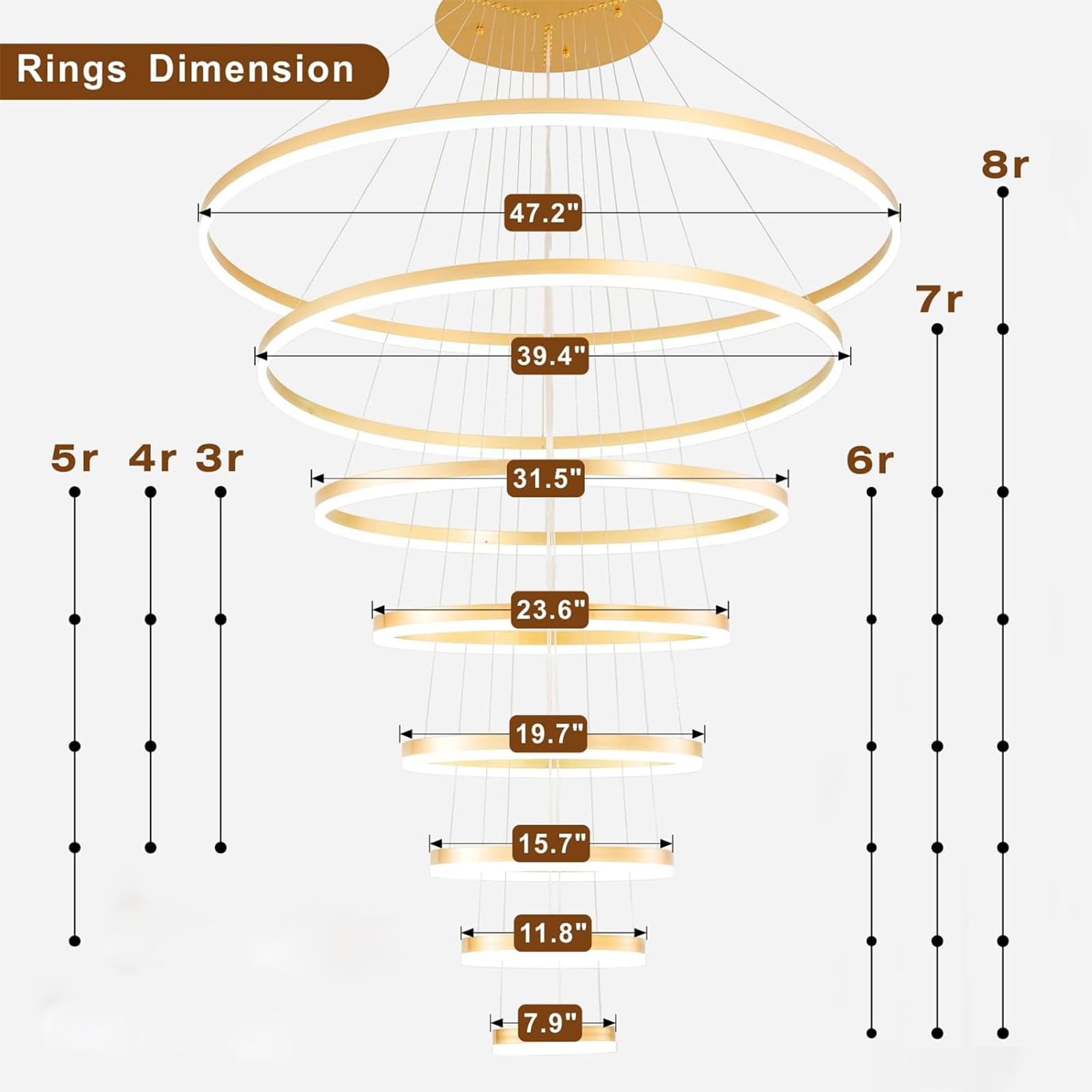 EMBRING 39.37" 7-Ring Gold Dimmable Chandelier Light Fixture, Modern Aluminum Design for High Ceilings, Remote Color Changing