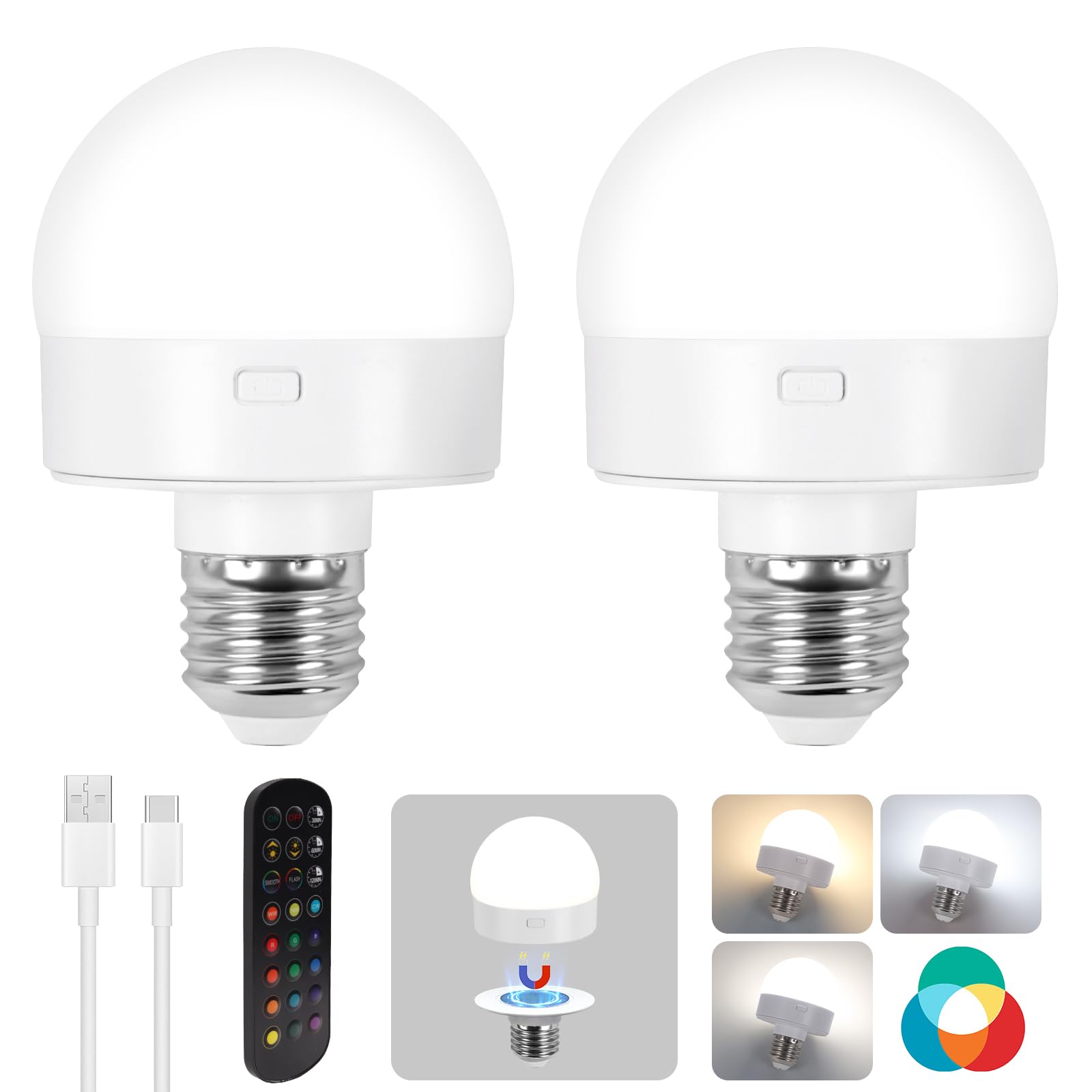 Rechargeable Battery Operated Light Bulbs with Remote Control,Timer and 15 Color Temperature,Wireless Puck Light Bulbs dimmable 