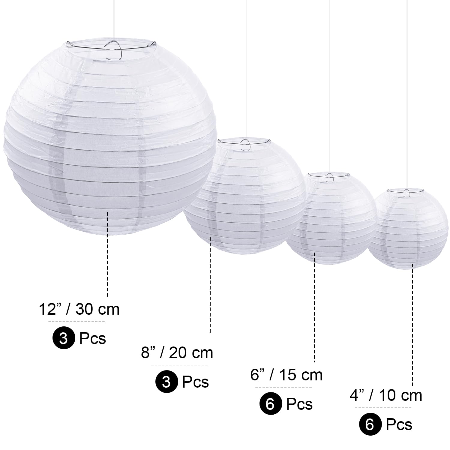 Pelopy 18 Pcs White Paper Lanterns 4/6/8/12 Inches Chinese Japanese Round Lamp For Paper Lanterns Indoor New Year Wedding Valent