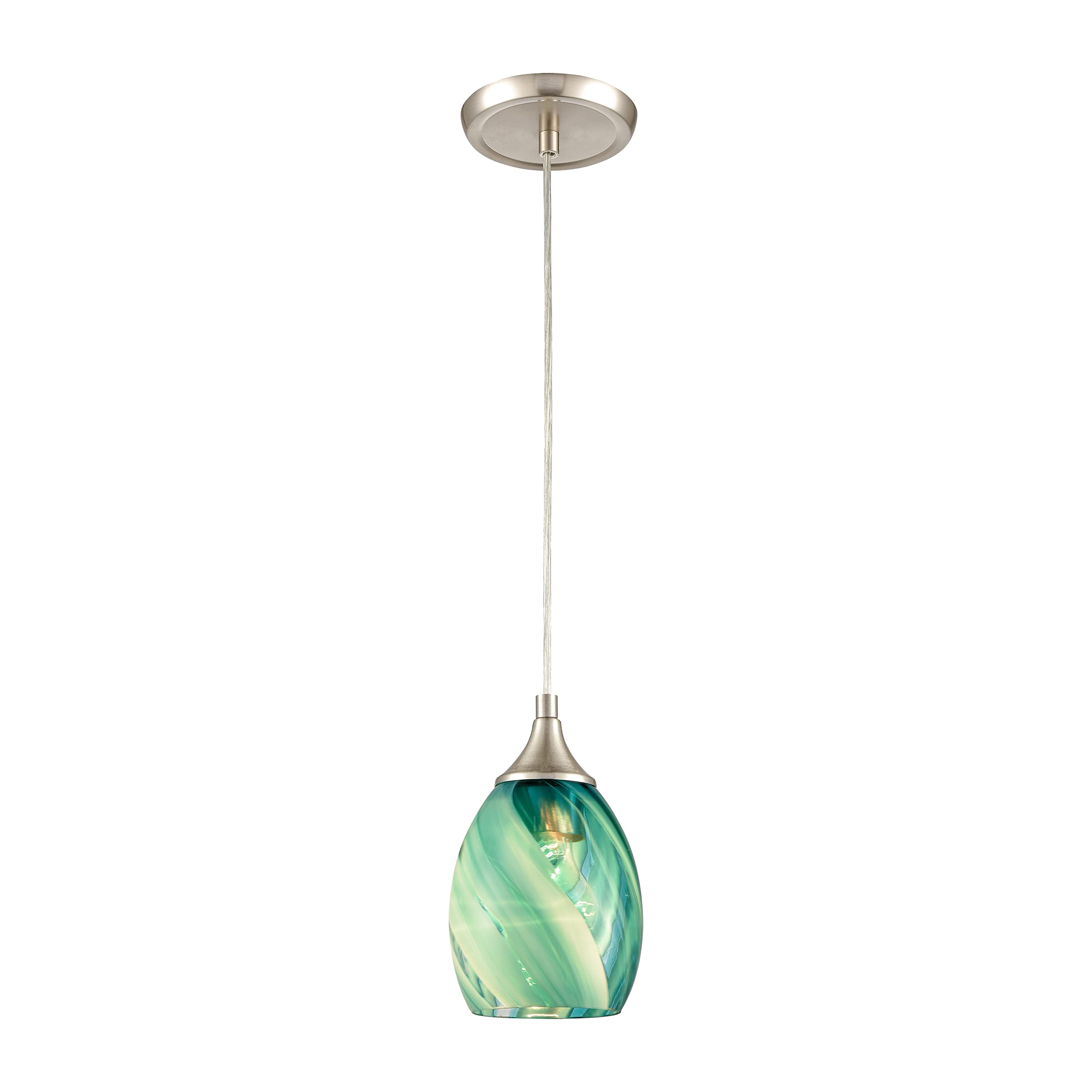 Elk Home Caress Mini Pendant Light, Satin Nickel, Aqua Glass, Modern 1-Light Fixture, 7&quot;W X 12.