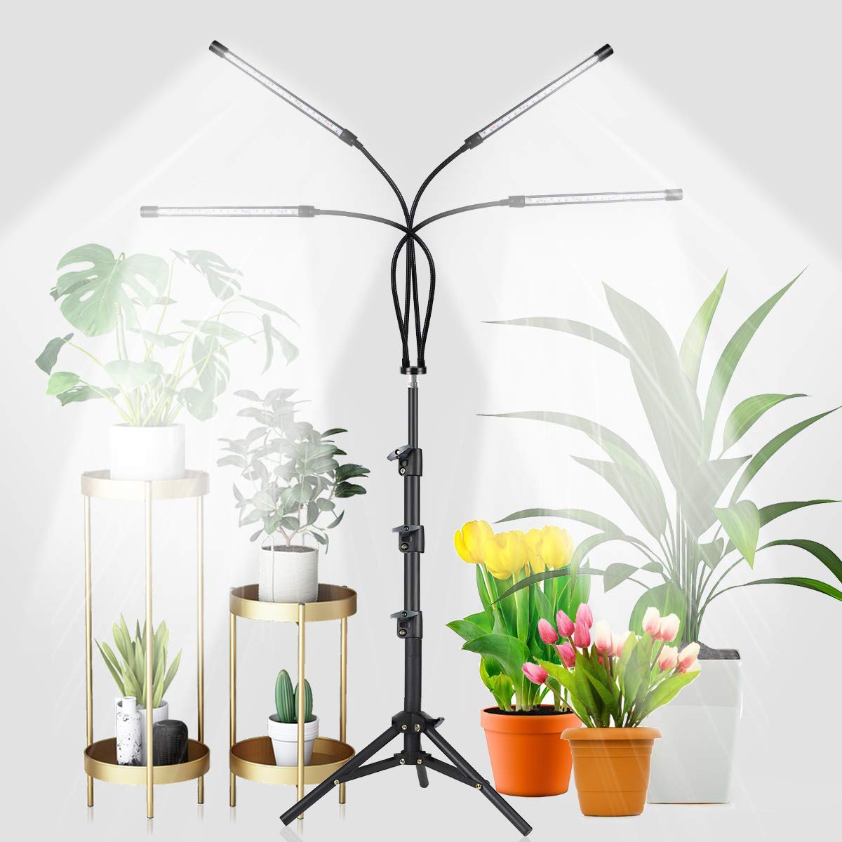 Grow Light With Stand, 200W 6000K Full Spectrum Gooseneck Floor Plant Light For Indoor Plants Growing,5 Dimmable Levels & Auto On/Off Timer, Tripod Stand Adjustable 15-48 In