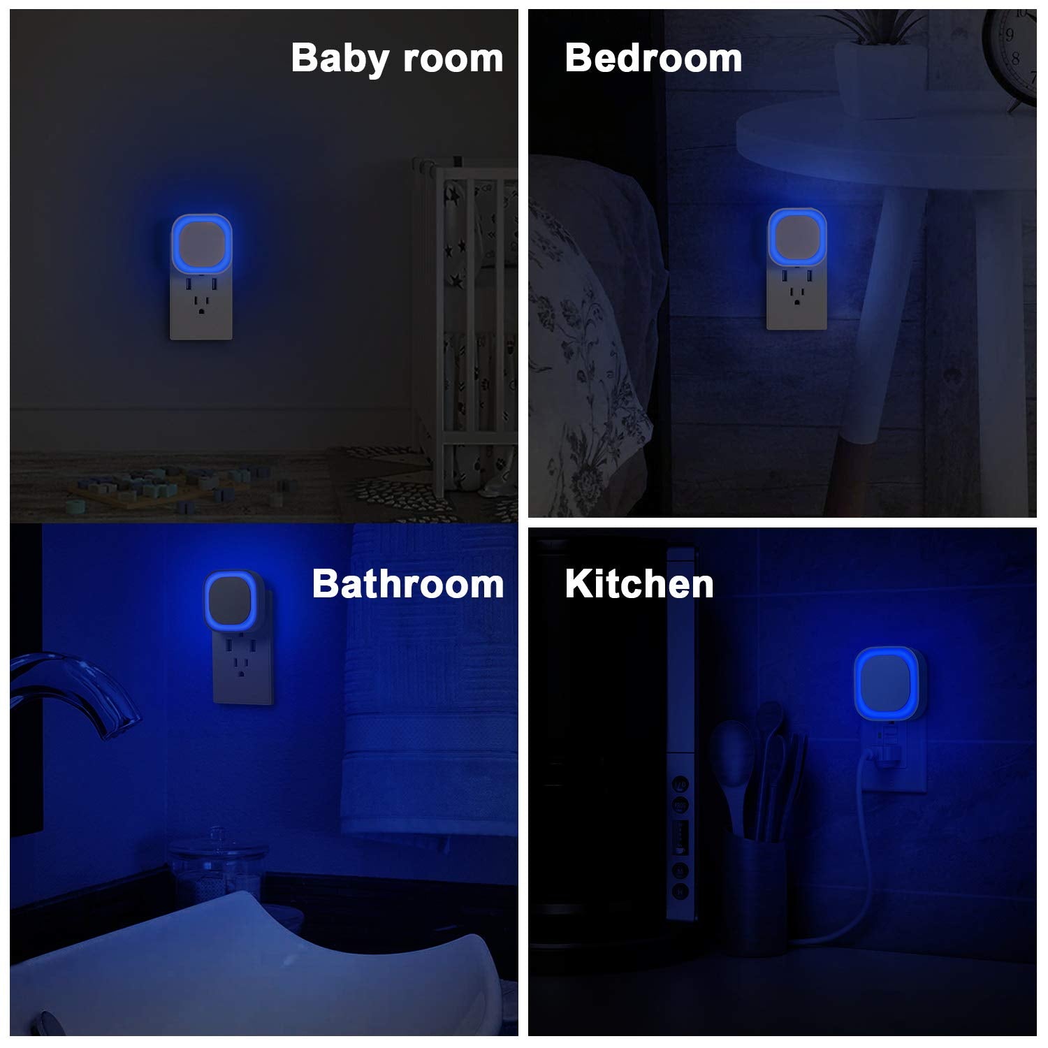 Yunlex 2 Pack Plug In Dimmable Night Light, Square Nightlight, Auto Dusk To Dawn Sensor, Led Wall Night Light, Soft Glow, Blue Night Light For Bathroom, Hallway, Stairs, Kitchen, Bedroom