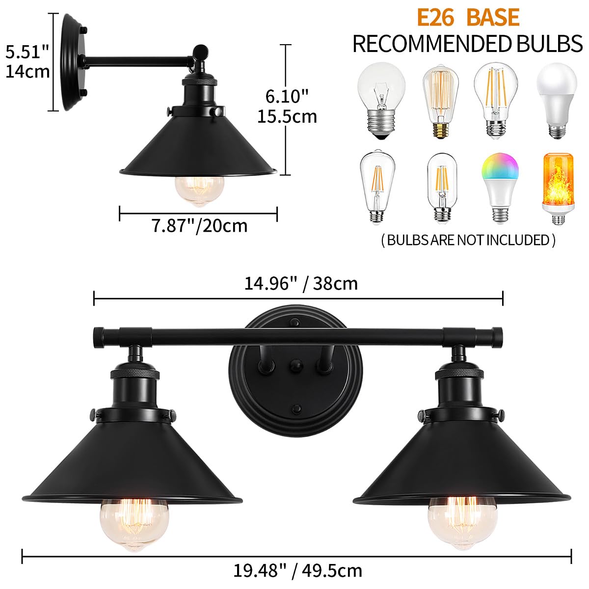 Toulmj Bathroom Light Fixtures Farmhouse Vanity Lights, 2 Light Bathroom Lighting Fixtures Over Mirror Bathroom Wall Sconces With Metal Shade, Matte Black Vanity Lights For Bathroom (19.48'')
