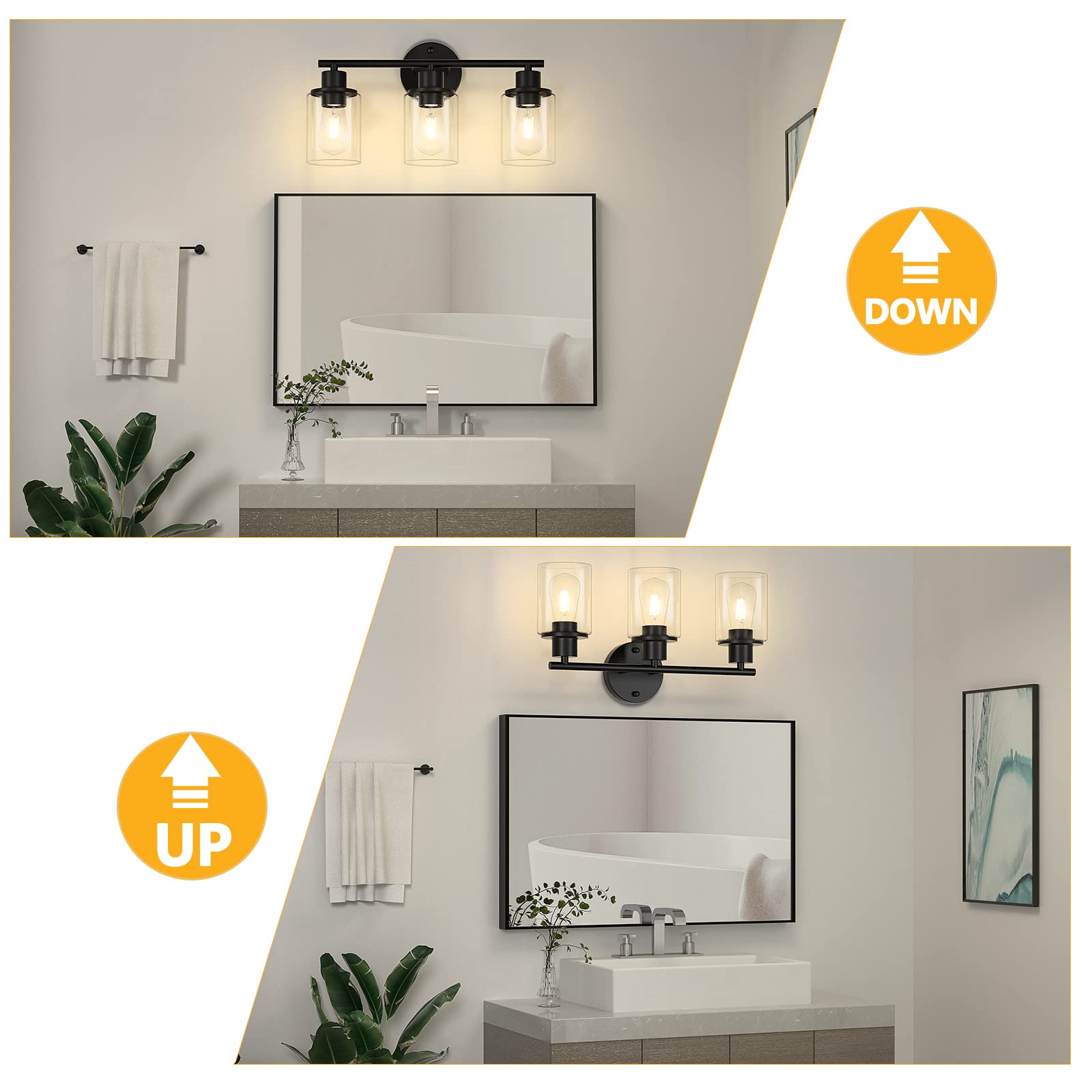Licperron 3-Light Bathroom Wall Light, Black Metal Vanity Light with Clear Glass Shade, Modern Sconces for Home Decor