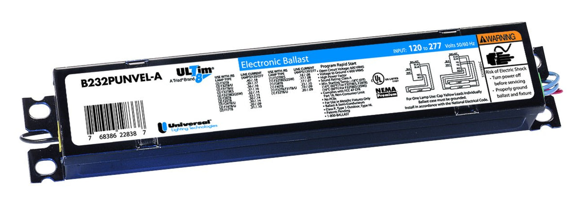 Universal Lighting Technologies B232Iunvhp-N010C Electronic Ballast, Fluorescent, T8, 2-Lamp, 32W, 120-277V
