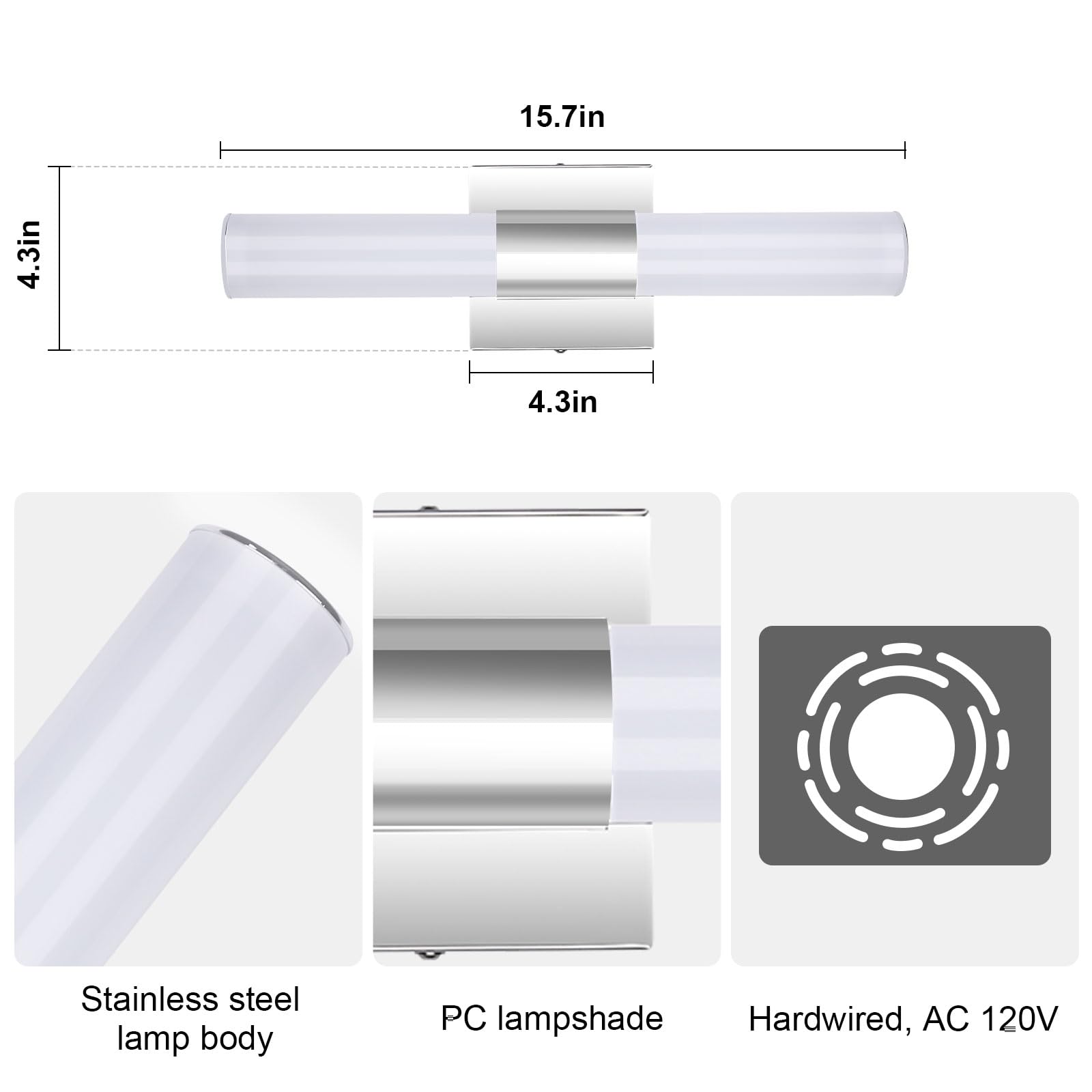 Trlife Modern Dimmable Bathroom Vanity Light, 8W, 15.7Inch, Stainless Steel, 3 Color Temperature, Model Vanity-3Co-40L