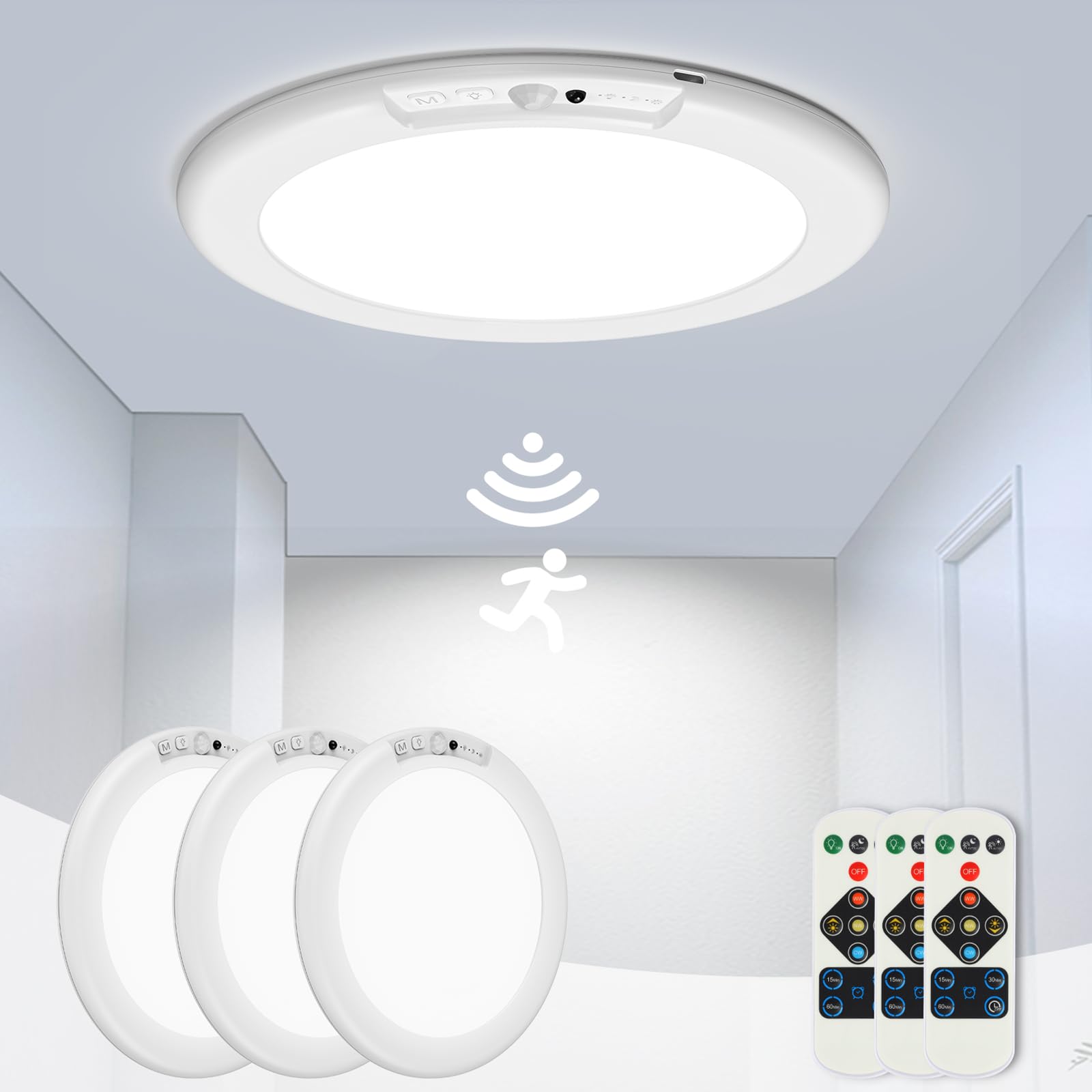 ORYAR Rechargeable Motion Sensor Ceiling Light, 500LM 3000K/4500K/6500K, 3 Pack, Ultra Thin, White, Model T070