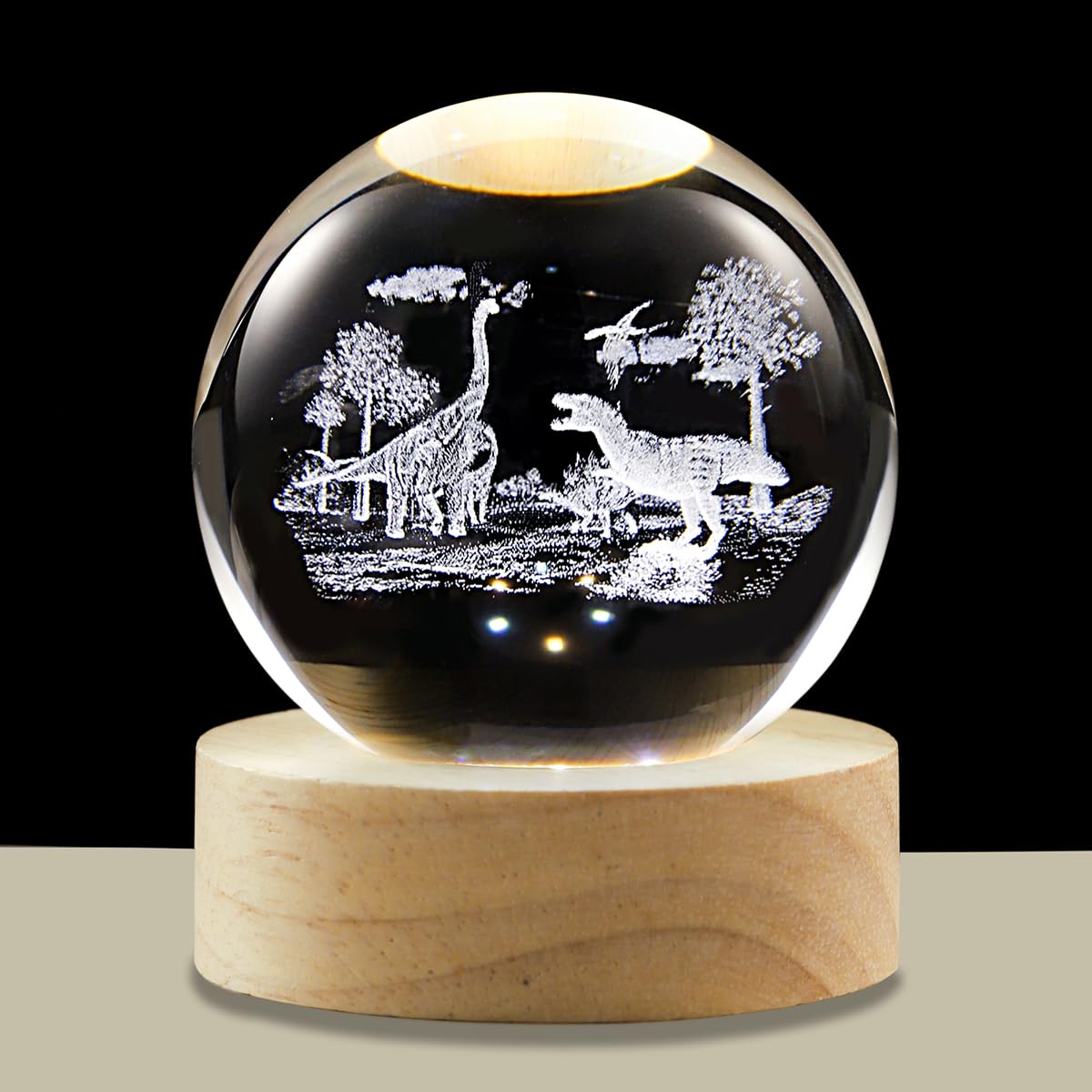 Hochance 3D Dinosaur Crystal Ball Lamp With Adjustable Brightness Led Wooden Base Night Light For Kids Teens mature-themeds Birthday Gift Home Desk Office Bedroom Decor (6Cm / 2.4 )