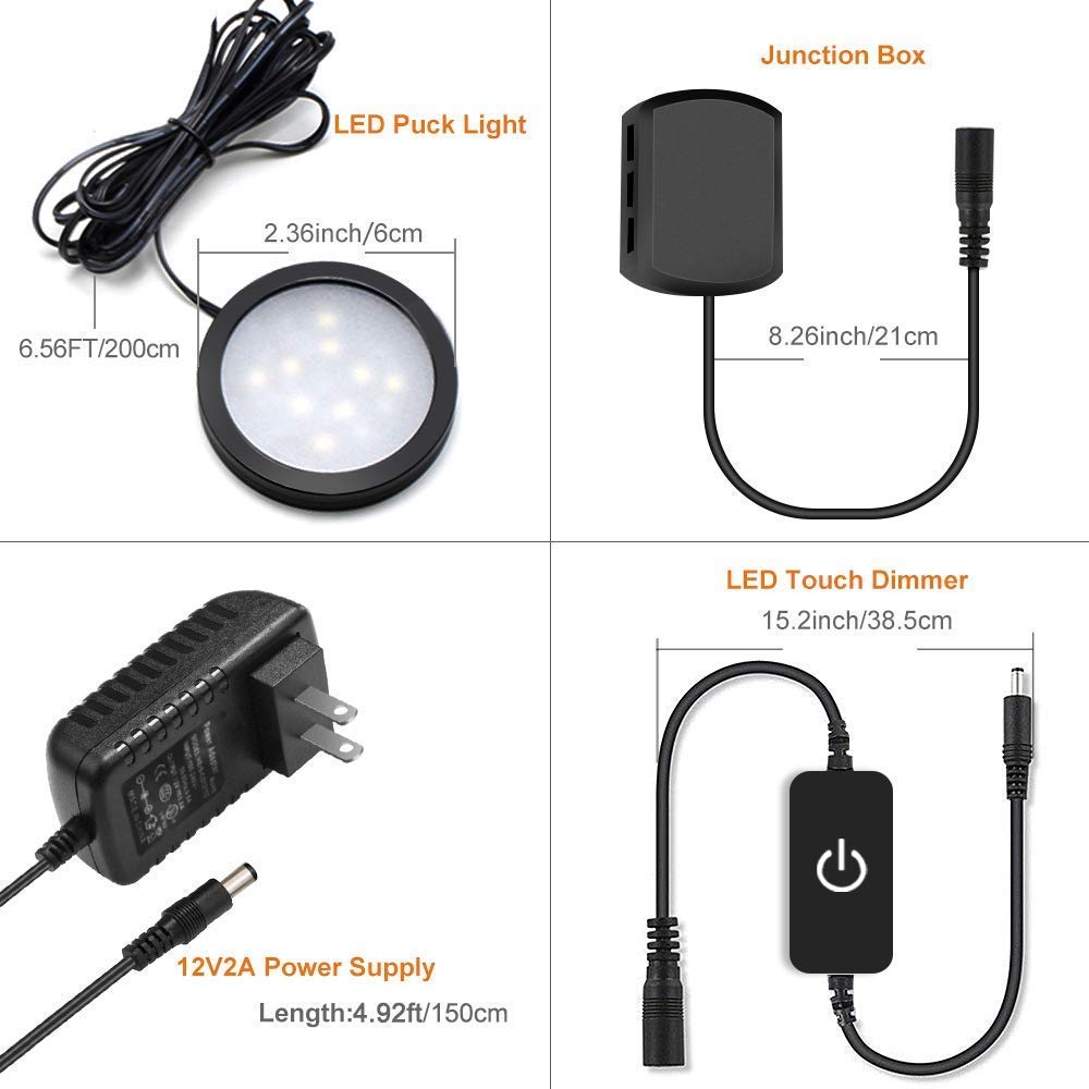 YGS-Tech LED Under Cabinet Lighting Kit, 1020 Lumens, Warm White, 6-Pack, Aluminum, Touch Dimming, Black Trim