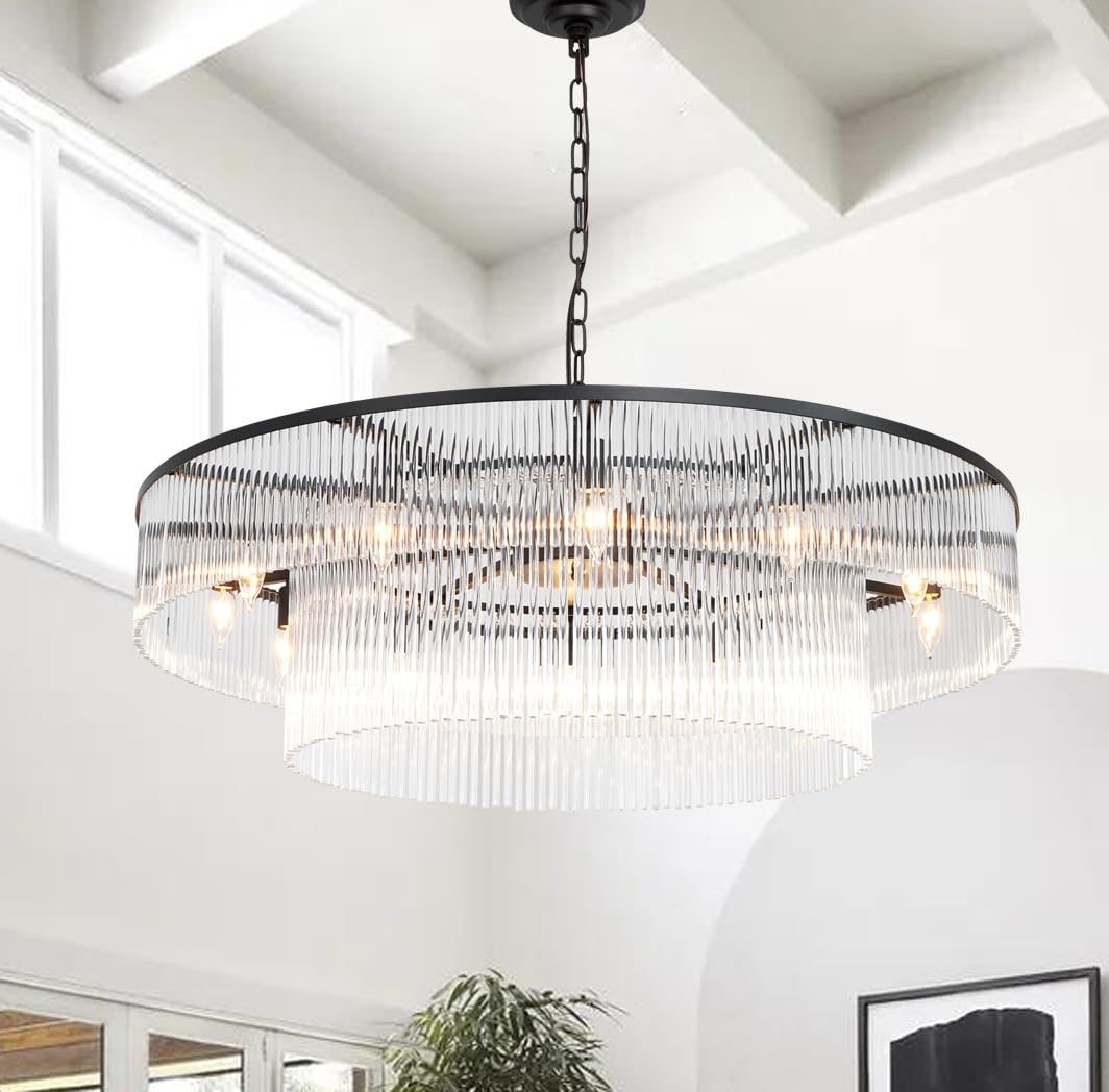 Akeelighting Large Modern Glass Chandelier Lighting Black Glass Chandeliers For High Ceiling Hall Living Room Stairs 12 Light Ha