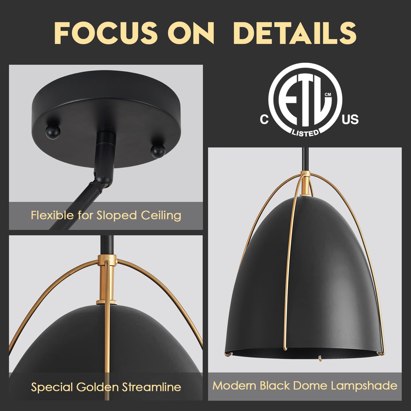 Fookchak Black Dome Pendant Light 3-Light Large Pendant Light Fixture 12In Black Gold Pendant Lighting For Kitchen Island Dining