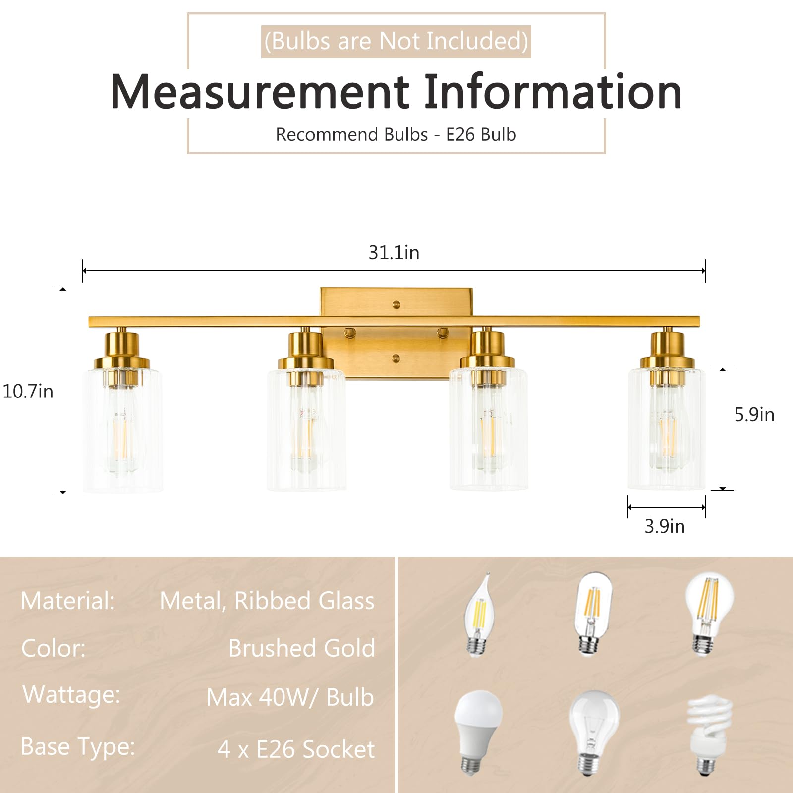 Jonsi 4-Light Brushed Gold Bathroom Vanity Light Fixture with Glass Shades, 31.1 Inch, E26 Wall Sconces for Bathroom, Living Room, Hallway