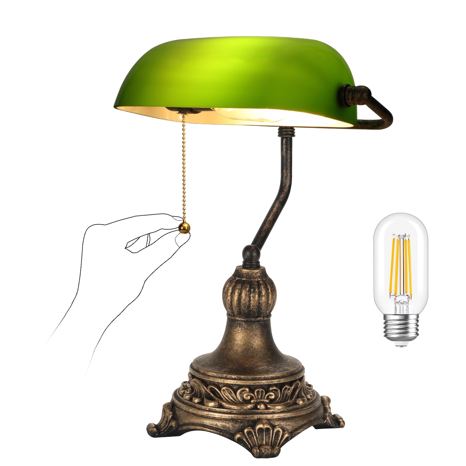 Nissafors Bankers Lamp With Pull Switch, Green Glass Desk Lamp With Retro Black/Gold Finish, Vintage Table Lamps For Living Room, Home Office, Library, Piano Led Bulb Included (Green)