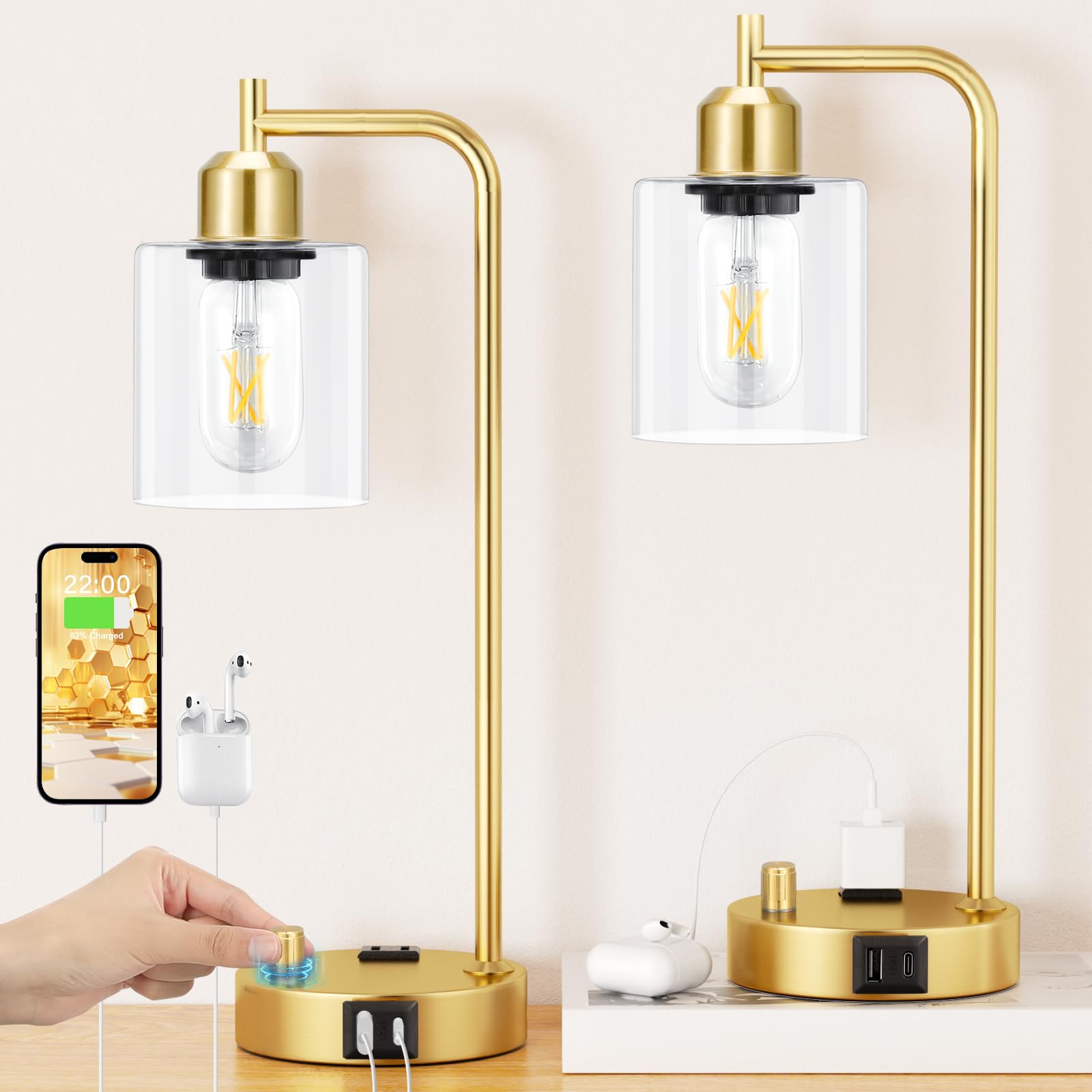 Industrial Table Lamps for Bedroom Set of 2 - Fully Dimmable Bedside Lamps with USB Ports and Outlet, Gold Nightstand Lamps with