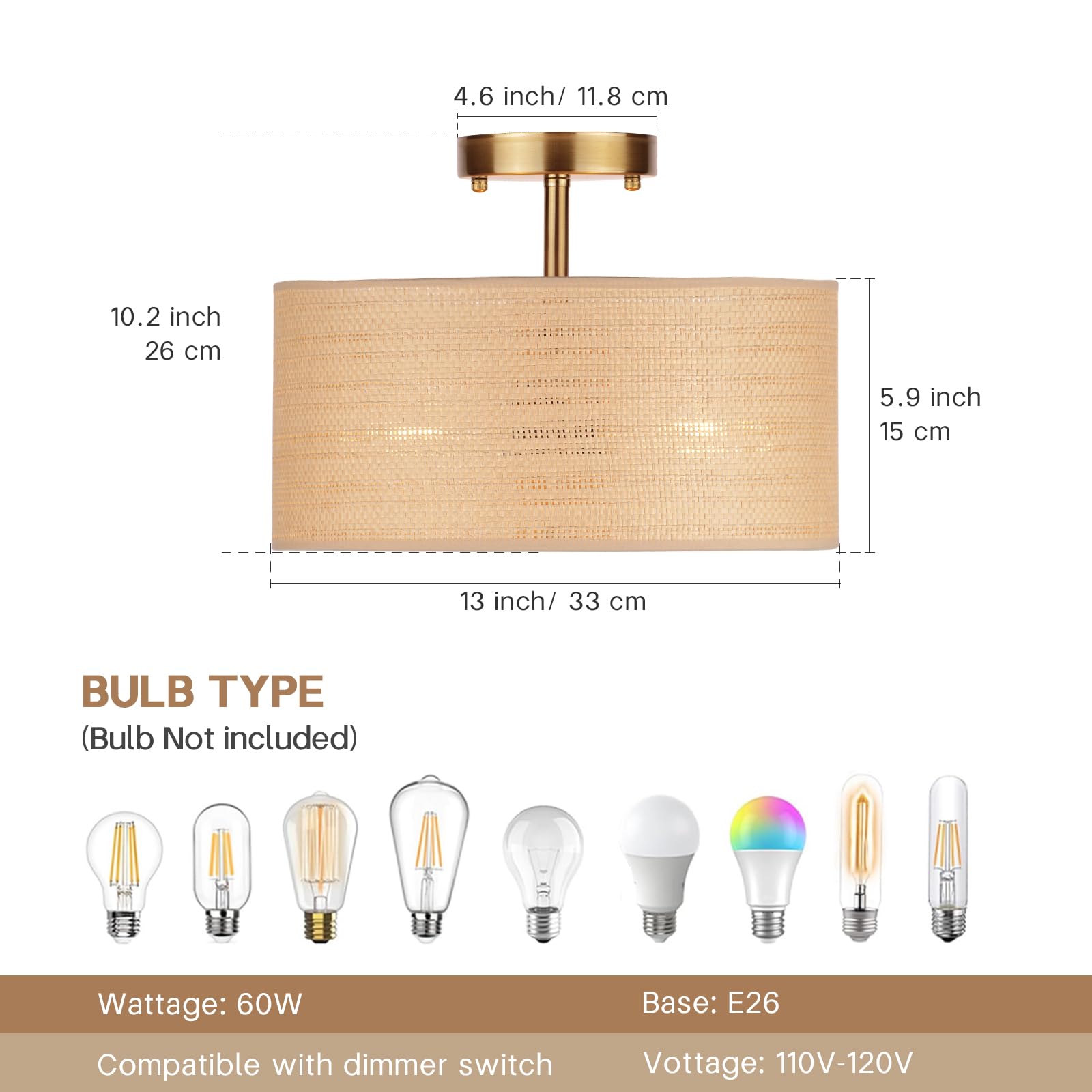 Clarsyne 13 Boho Woven Rattan Ceiling Light Fixture  3-Light Semi Flush Mount Modern Drum Lamp With Beige Fabric Shade  Rustic Lighting For Bedroom  Living Room  Dining Room  Hallway And Entryway