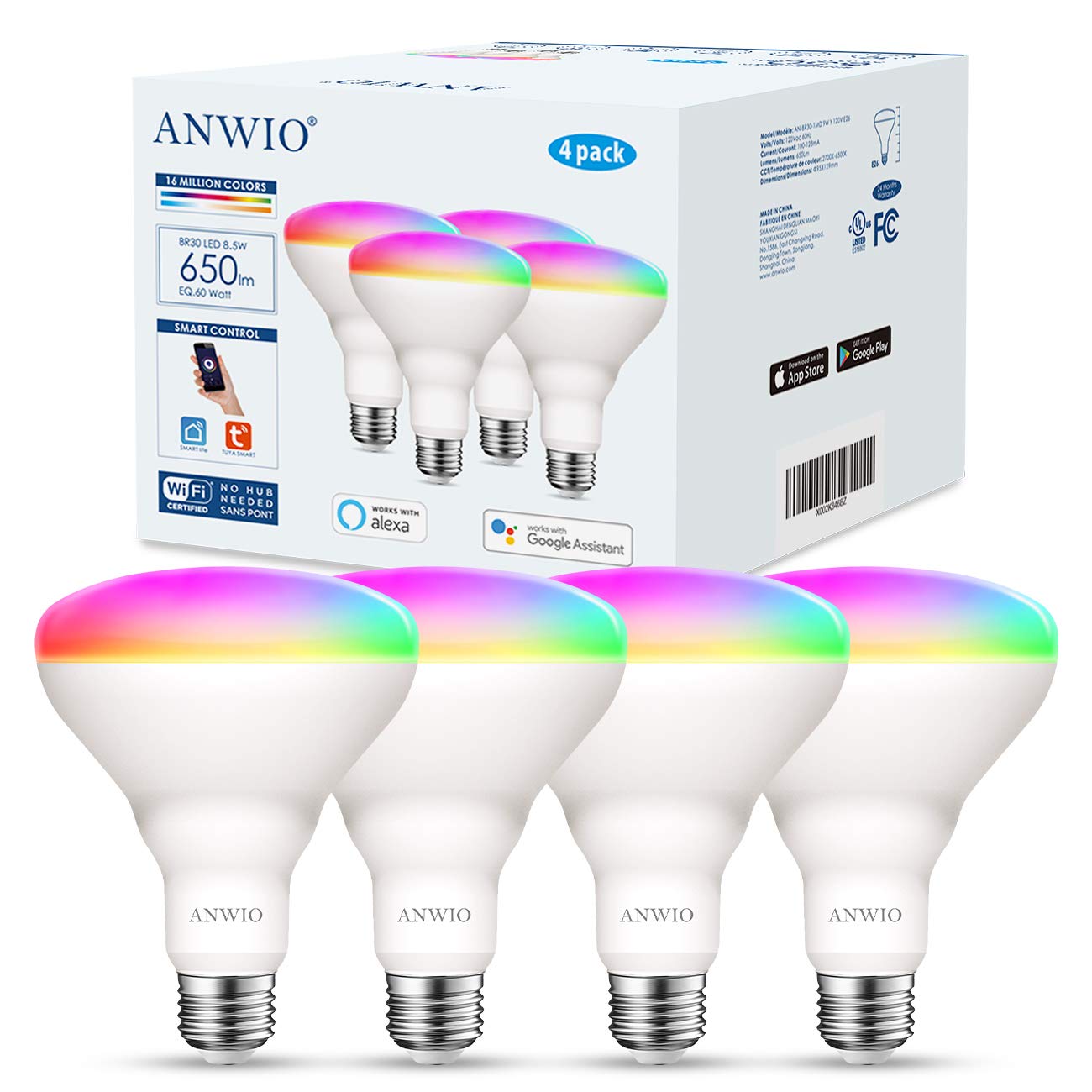 ANWIO Smart Light Bulb BR30 RGB Dimmable LED 8.5W E26 WiFi Compatible with Alexa & Google Assistant - 4 Pack