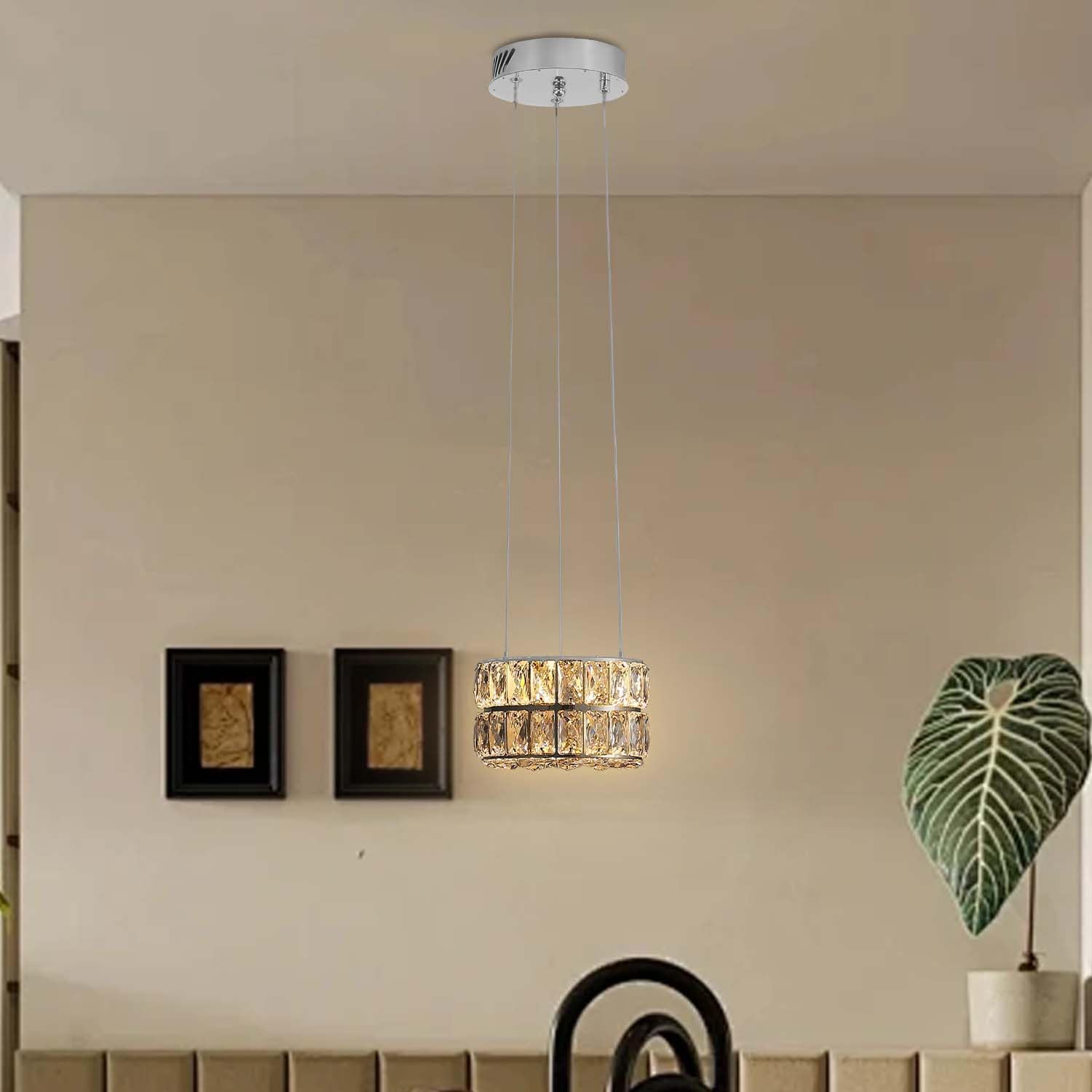 Idequy Modern Crystal Chandelier For Dining Room Luxury Silver Crystal Chandelier For Living Room Dimmable Led 7.8'' Ring Pendan