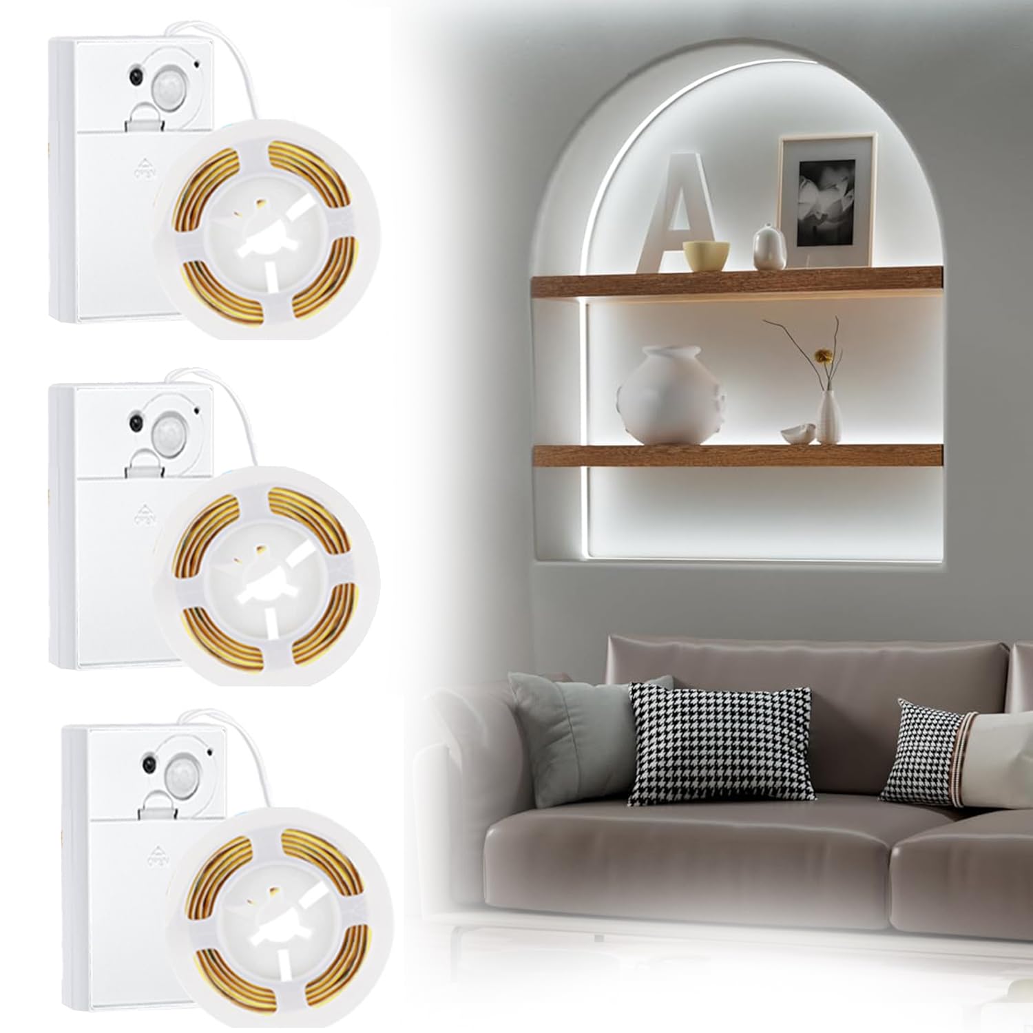 Battery Powered Led Strip Lights  Cob Motion Sensor Led Strip Lights 20 Inch X 3 Pack For Kitchen Under Cabinet Lighting  Shelves  Under Counter  Closet  Cordless Click Light  Cool White 6000K