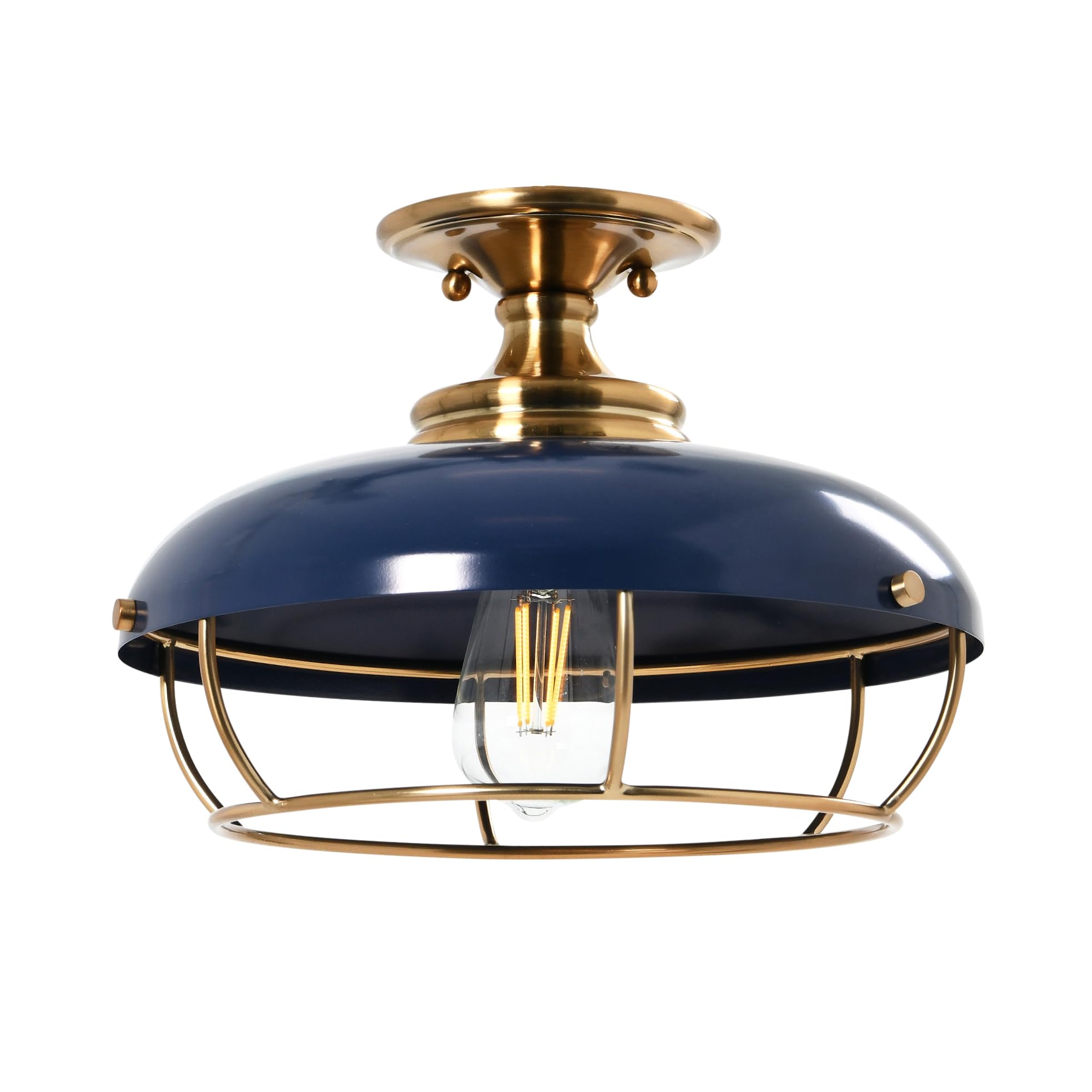 Robert Stevenson Lighting - Presley Caged Dome Metal Semi-Flush Mount Ceiling Light, Brushed Brass And Navy Blue