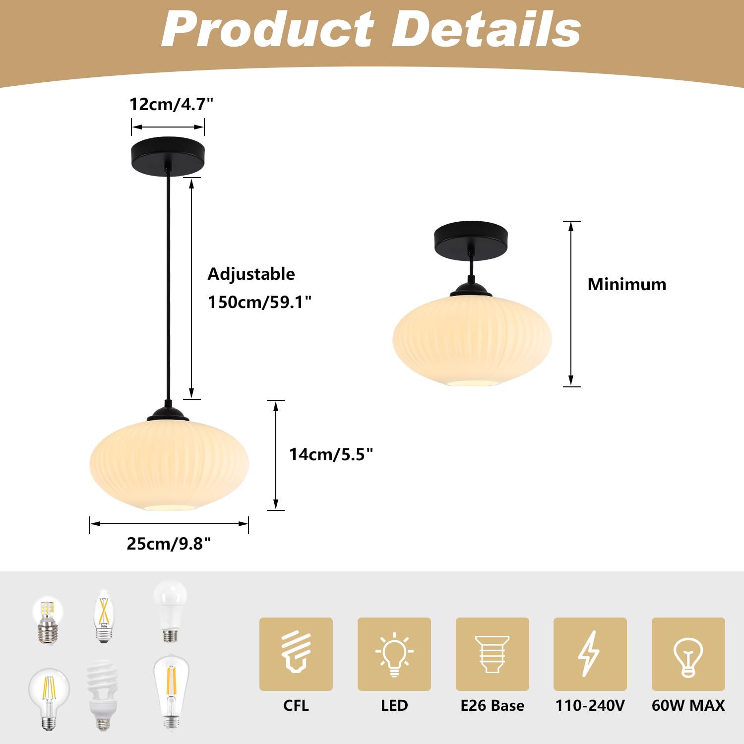 KCO Large Milk Glass Pendant Light - Black and White Mid Century Modern Fixture, Industrial Farmhouse Style, Model L1150-A-Black