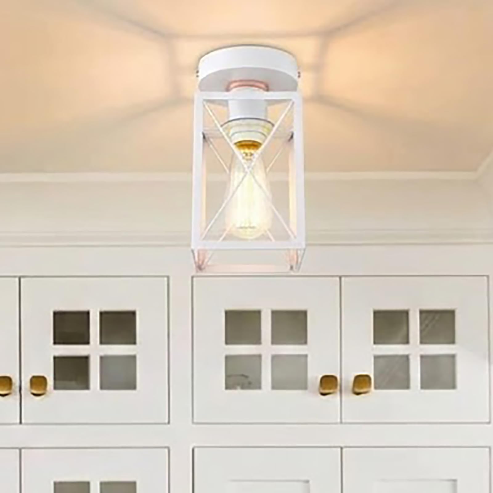 Ken & Ricky Modern Semi Flush Mount Ceiling Light, Close to Ceiling Light Fixtures with Small Metal Cage for Hallway Kitchen Sin