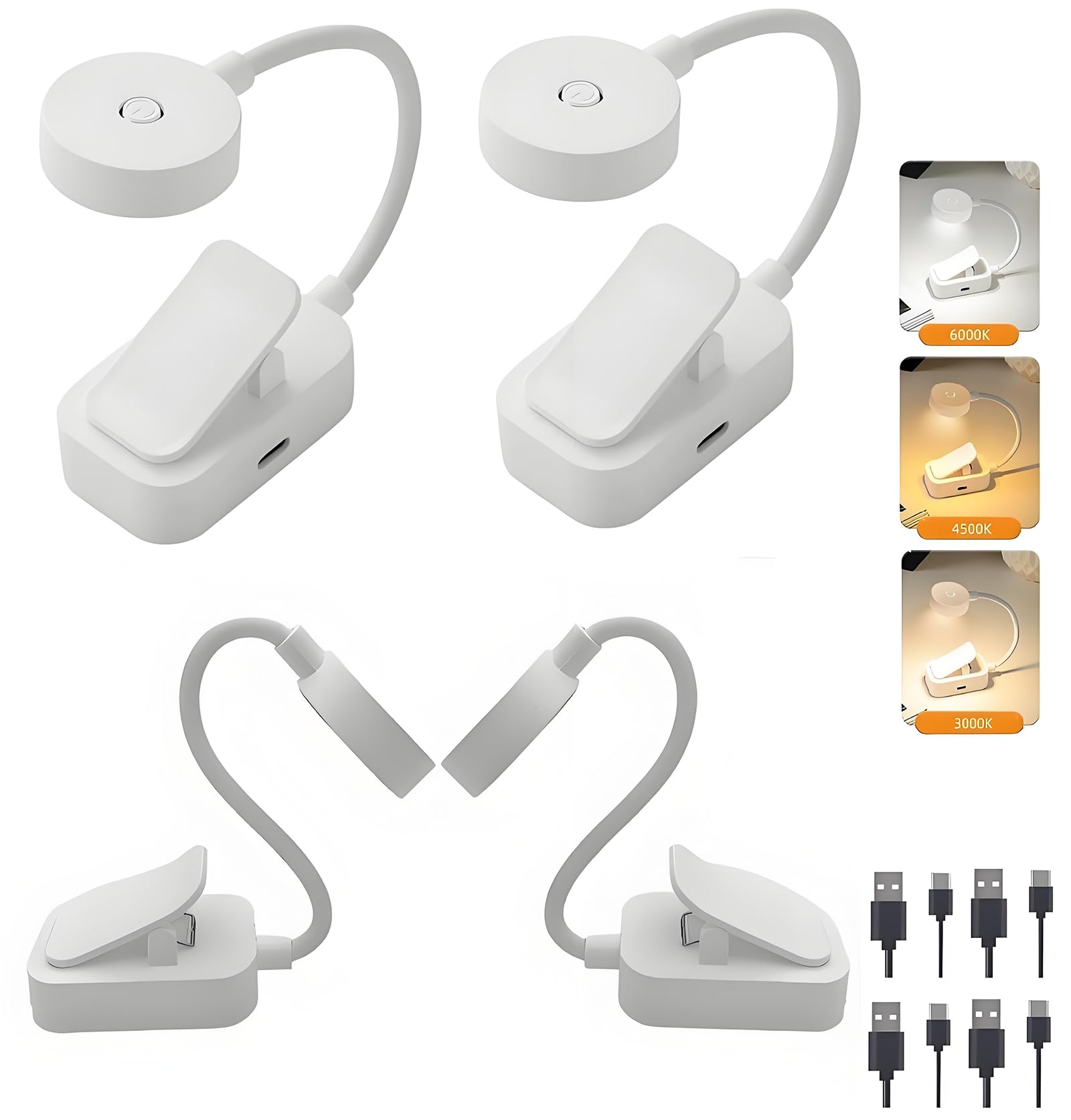 Darlur 4Pack Rechargeable Book Light Bulk for Reading in Bed,3 Color Temperature Reading Light,Adjustable Brightness,Clip on to 