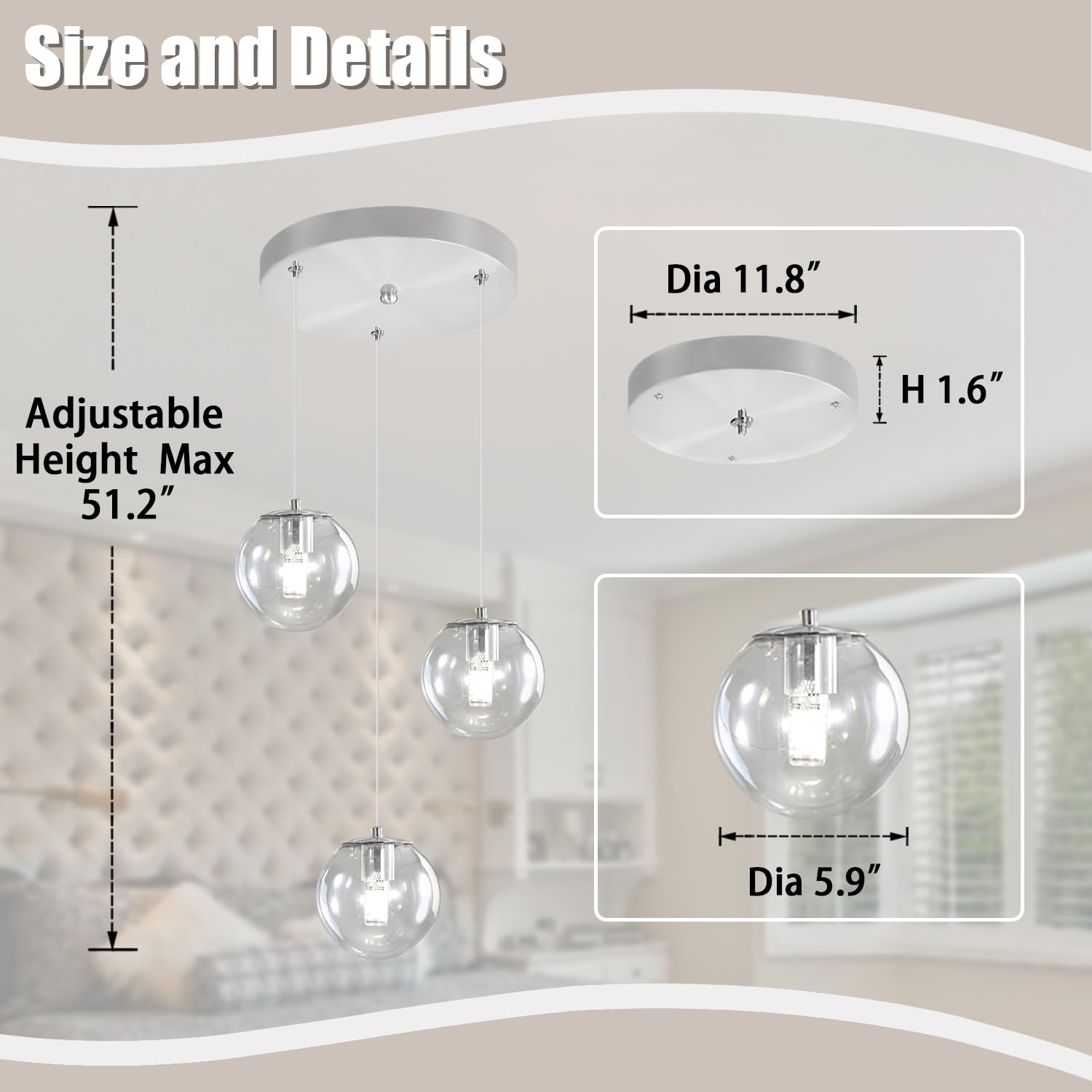 Ykolupty 3-Light Chrome Pendant Lighting Modern Mini Chandeliers,Adjustable Clear Glass Pendant Light Fixture For Kitchen Island