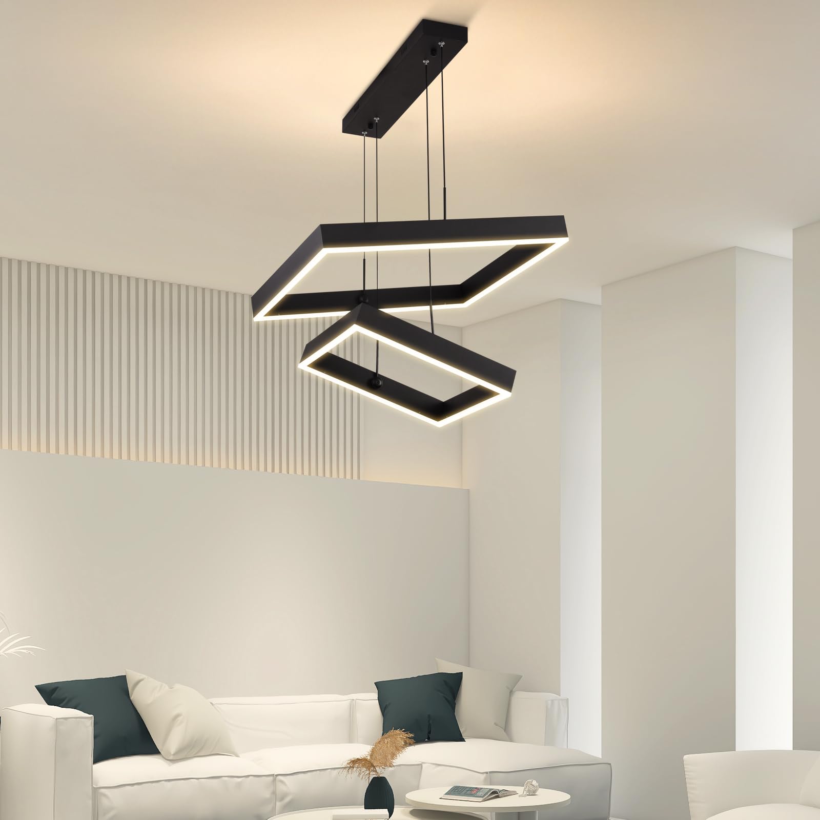Behsig Modern Led Chandelier,2 Ring Rectangle Chandelier For Dining Room,Dimmable Black Modern Chandelier High Ceiling Hanging L