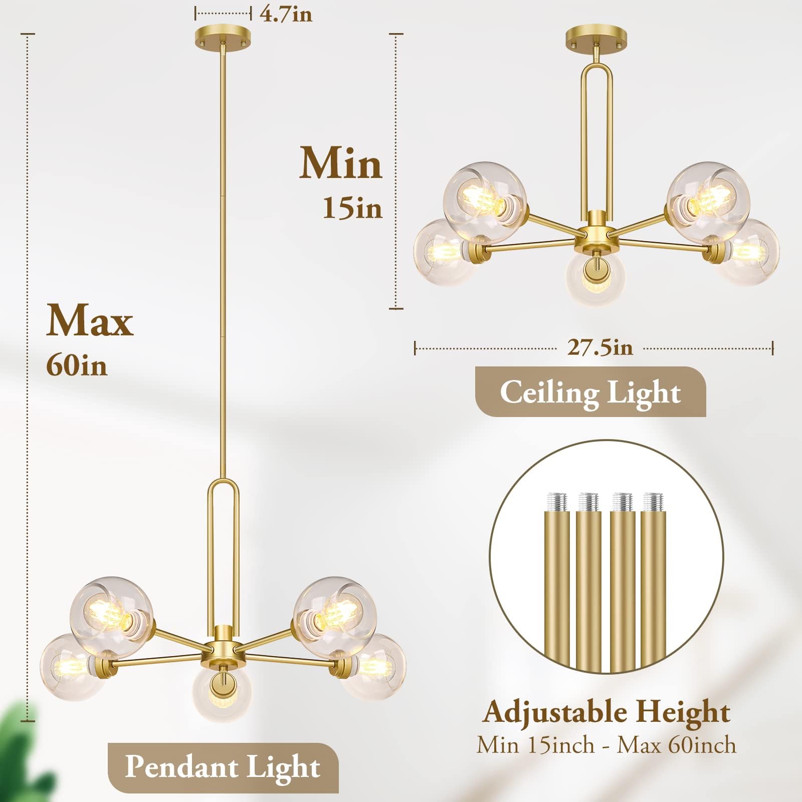Globe Chandelier Pendant Modern Gold Large Semi-Flush Ceiling Light, Clear Glass, 5-Light, Sputnik - Ideal For Kitchen, Living R