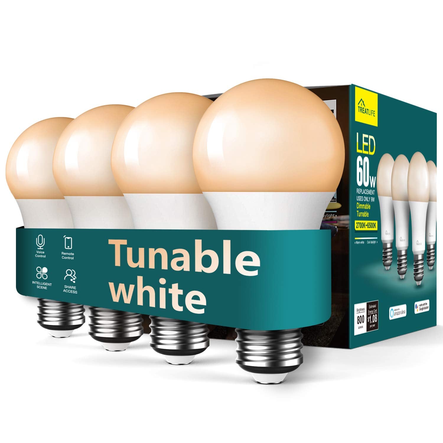 TREATLIFE Smart LED Light Bulbs, Dimmable WiFi, 800LM, E26, 9W, Tunable White, 4 Count, Works with Alexa & Google Home