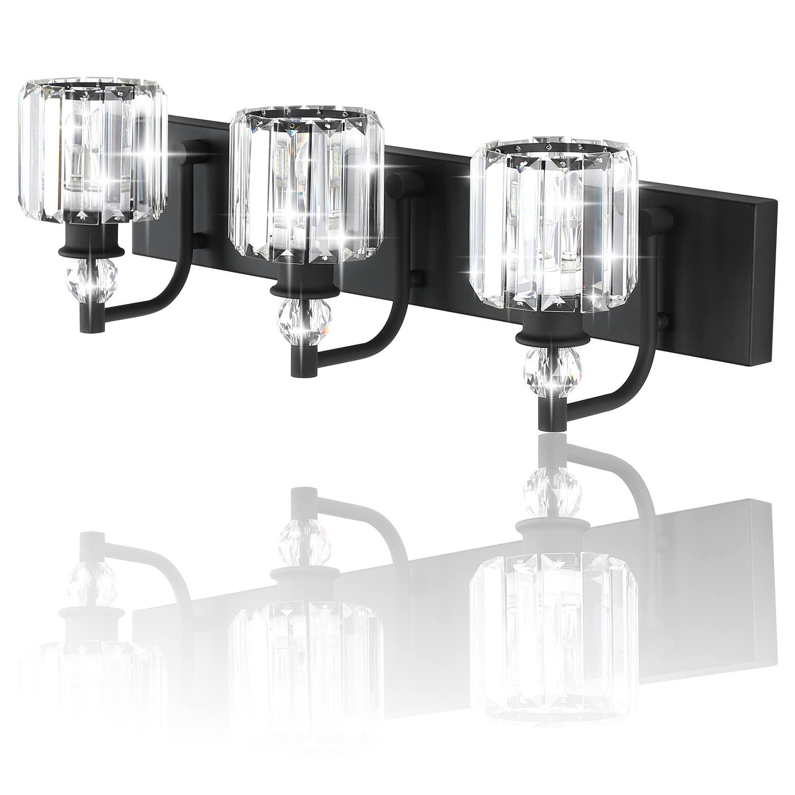 Ralbay 3 Light Bathroom Vanity Lights - Matte Black Crystal Fixtures, 24 Inch, Model 8605, Modern Over Mirror Design