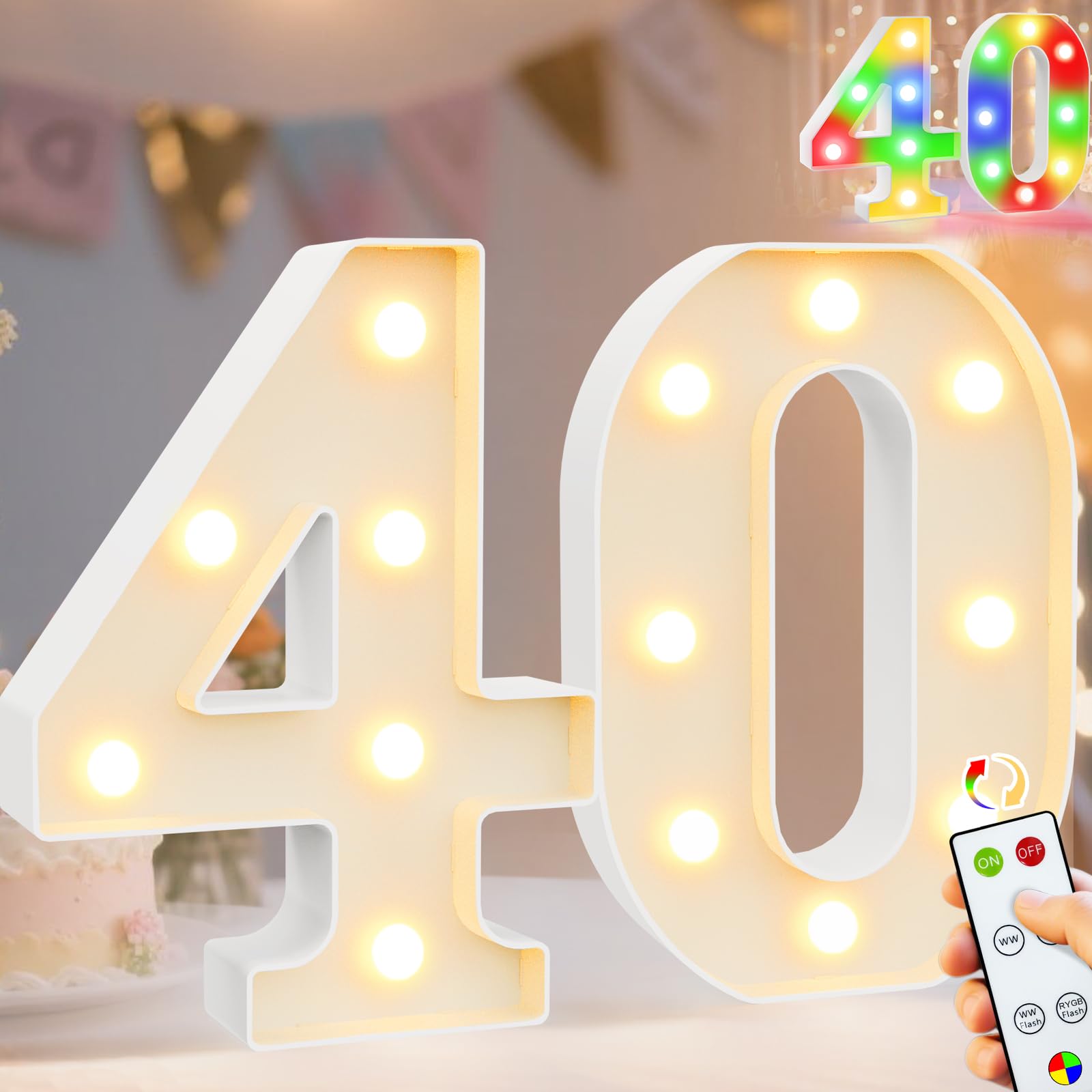 Pooqla 40Th Birthday Decoration For Her Him  Decorative Led Light Up Numbers  Marquee Numbers 40 Sign For Party Backdrop 40Th Wedding Anniversary Decor Gift  Warm White And Colorful Number 40