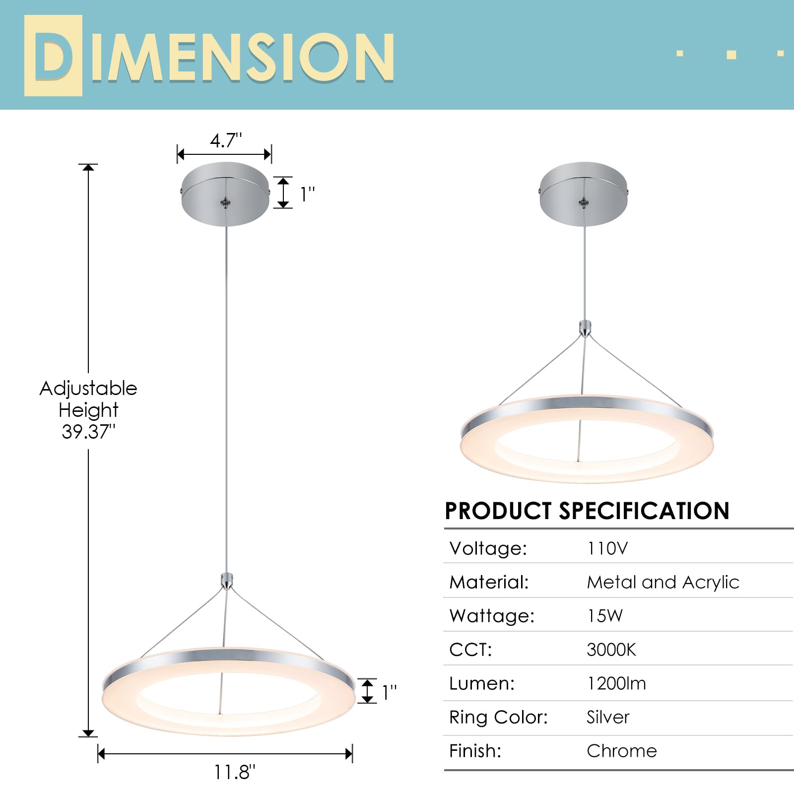 Chying Silver Led Pendant Light Kitchen Island Modern Pendant Lighting 15W Contemporary 1-Ring Hanging Light Fixture For Dining Room Living Room Bedroom, 3000K