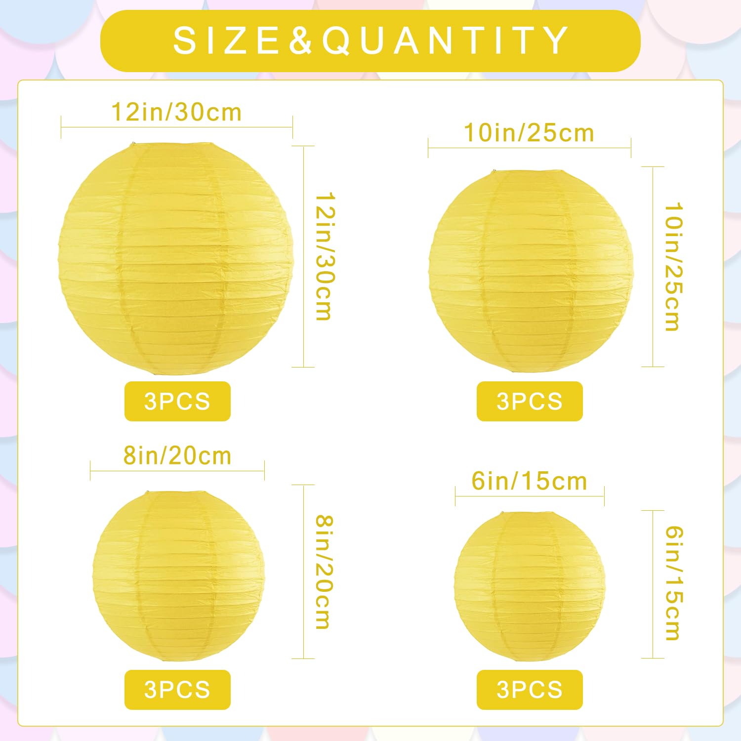Peywot 12Pcs Round Paper Lanterns Assorted Sizes (6'' 8'' 10'' 12'') For Home Decor, Restaurant, Church, Wedding, Birthday Party