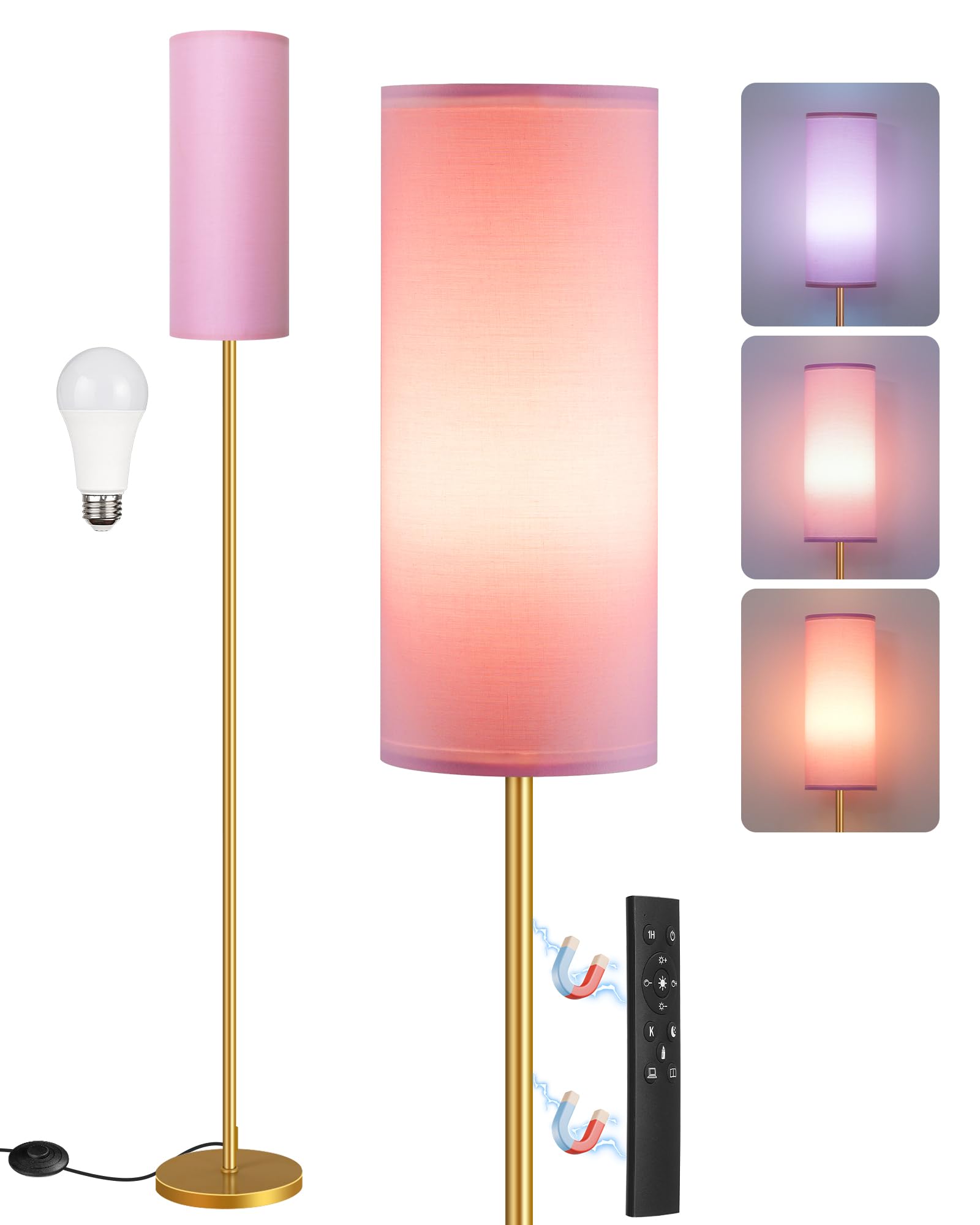 Dimmable Pink Floor Lamp For Living Room With Remote And Foot Switch, Corner Floor Lamp, 66'' Standing Tall Lamp, 10W 900Lm Bulb