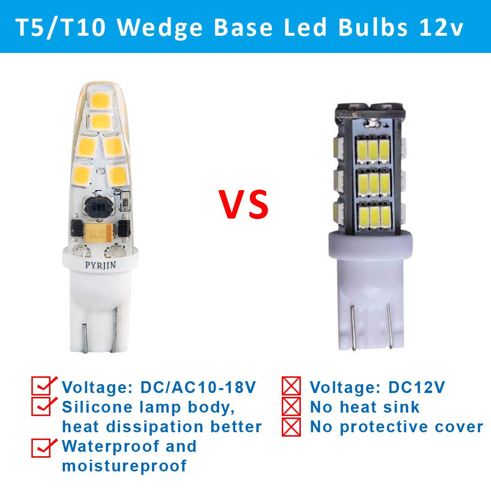 Pyjr T10 Wedge Base Led Bulbs 12V, 2W 3000K Warm White, 200Lm -