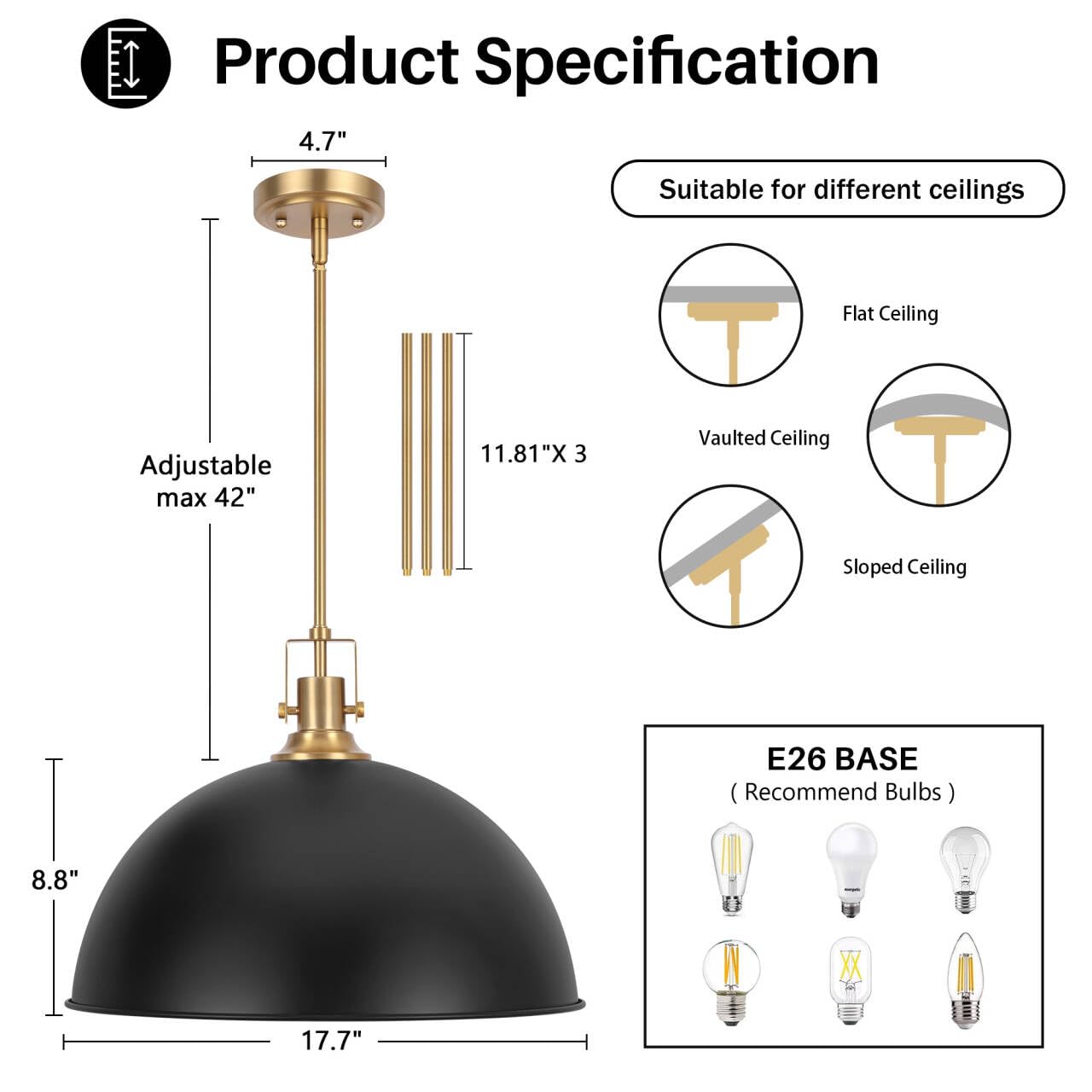 LamQee 18" Black and Gold Pendant Light Fixture, Metal Dome Chandelier for Kitchen Island, Dining Room, Bar, Hallway, Model 06FTL0319