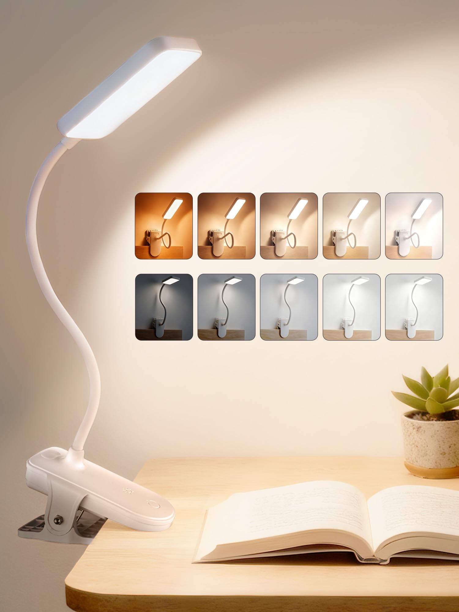 ReinHoo Clip on Light,9 Brightness+5 Color Clip on Lamp with 4000mAh Battery,450 Lumen Rechargeable Desk Lamp with Clamp,48 LED 