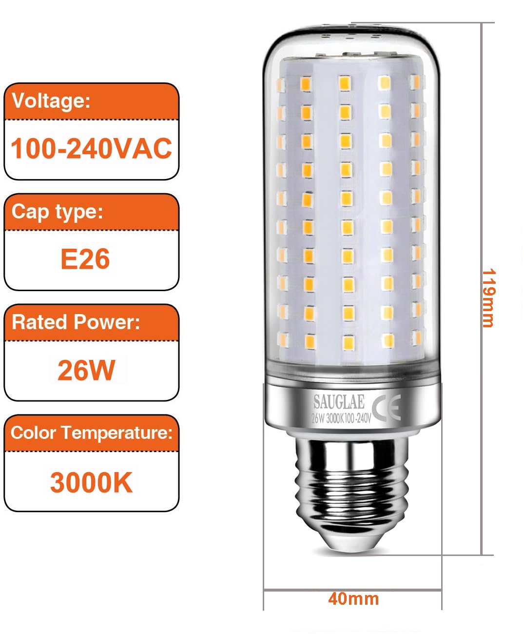 Sauglae 26W Led Bulbs, 200W Incandescent Bulbs Equivalent, 3000Lm, 3000K Warm White, E26 Large Edison Screw, Pack Of 3