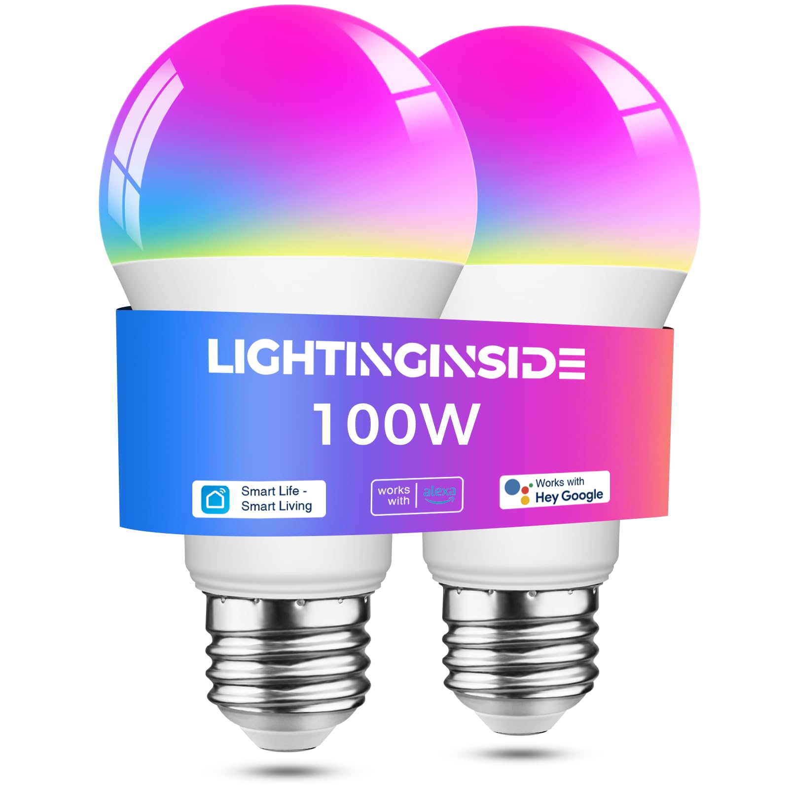 Lightinginside Smart Bulb 100W Equivalent, 1350LM 11W WiFi Light Bulb Compatible with Alexa/Google Assistant/Smart Life, A19 E26 RGBCW Color Changing, No Hub Required, 2.4G WiFi Only, ETL Listed, 2PCS