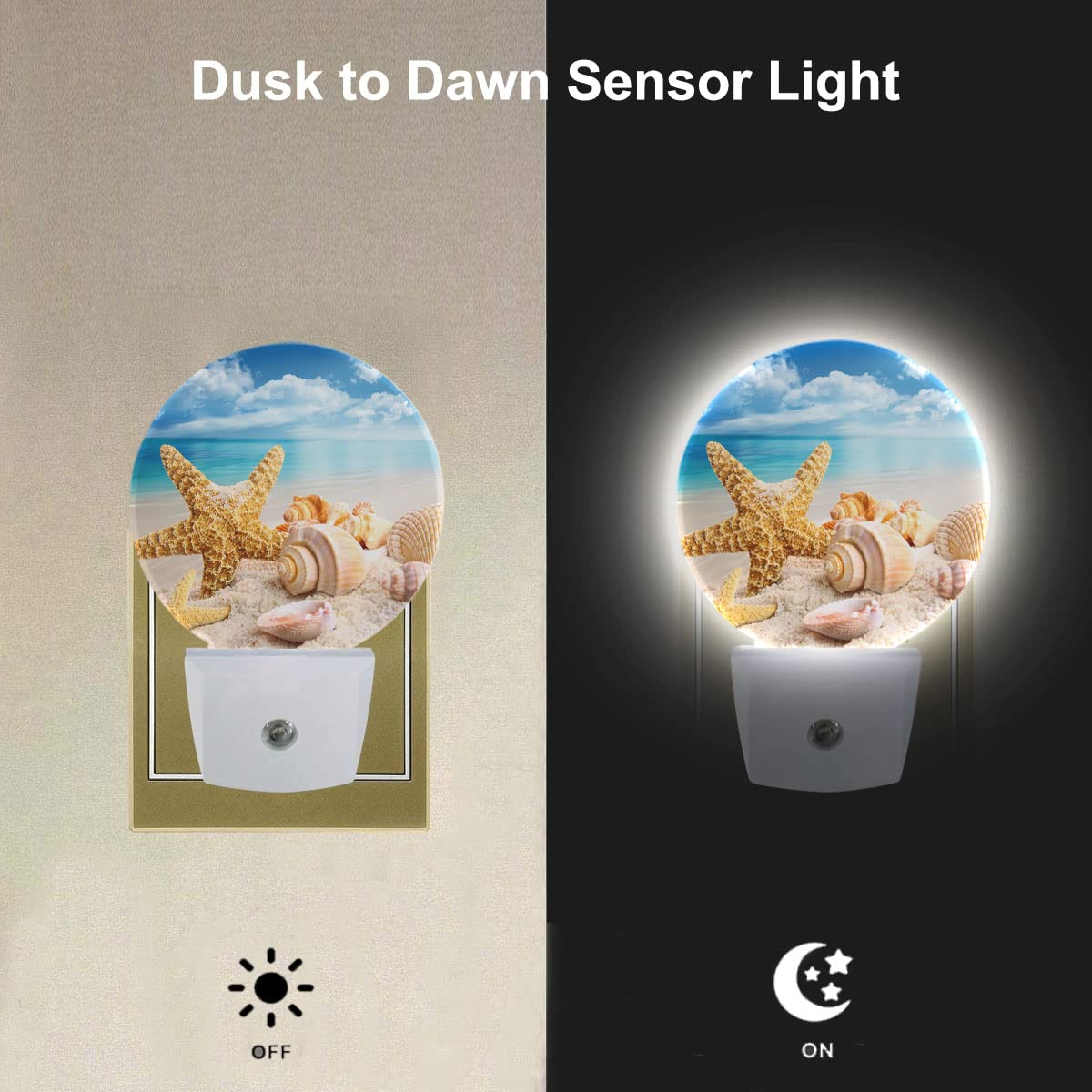 Ekobla Sunny Day Beach Night Lights Plug Into Wall Starfish Seashell Conch On Sand Ocean Coastal Night Lamp With Dusk To Dawn Se