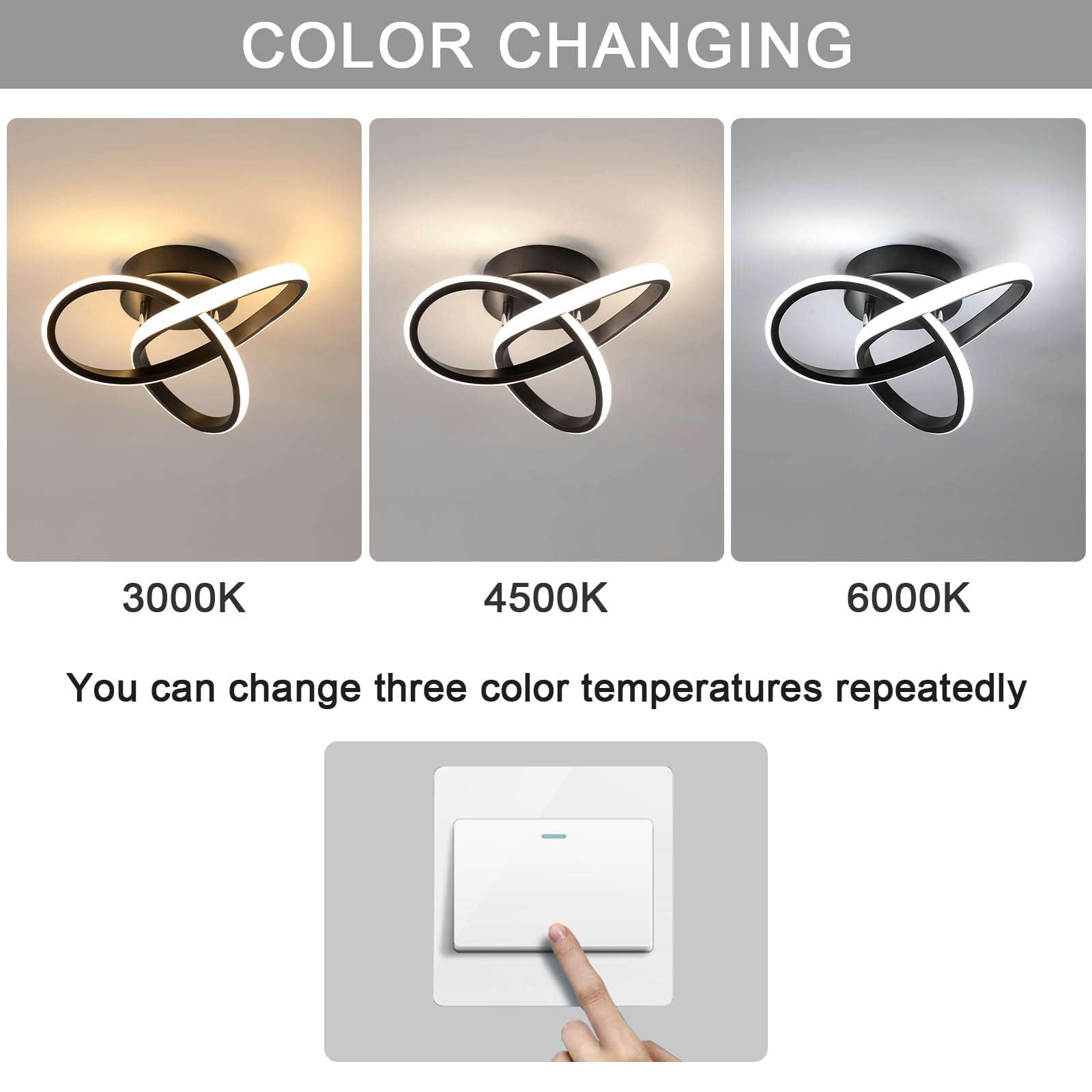 Daxgd Modern Led Ceiling Light 19W Spiral Design 3000K/4500K/6500K 3 Color Modes Swichable Ceiling Lighting Fixtures, Ceiling La