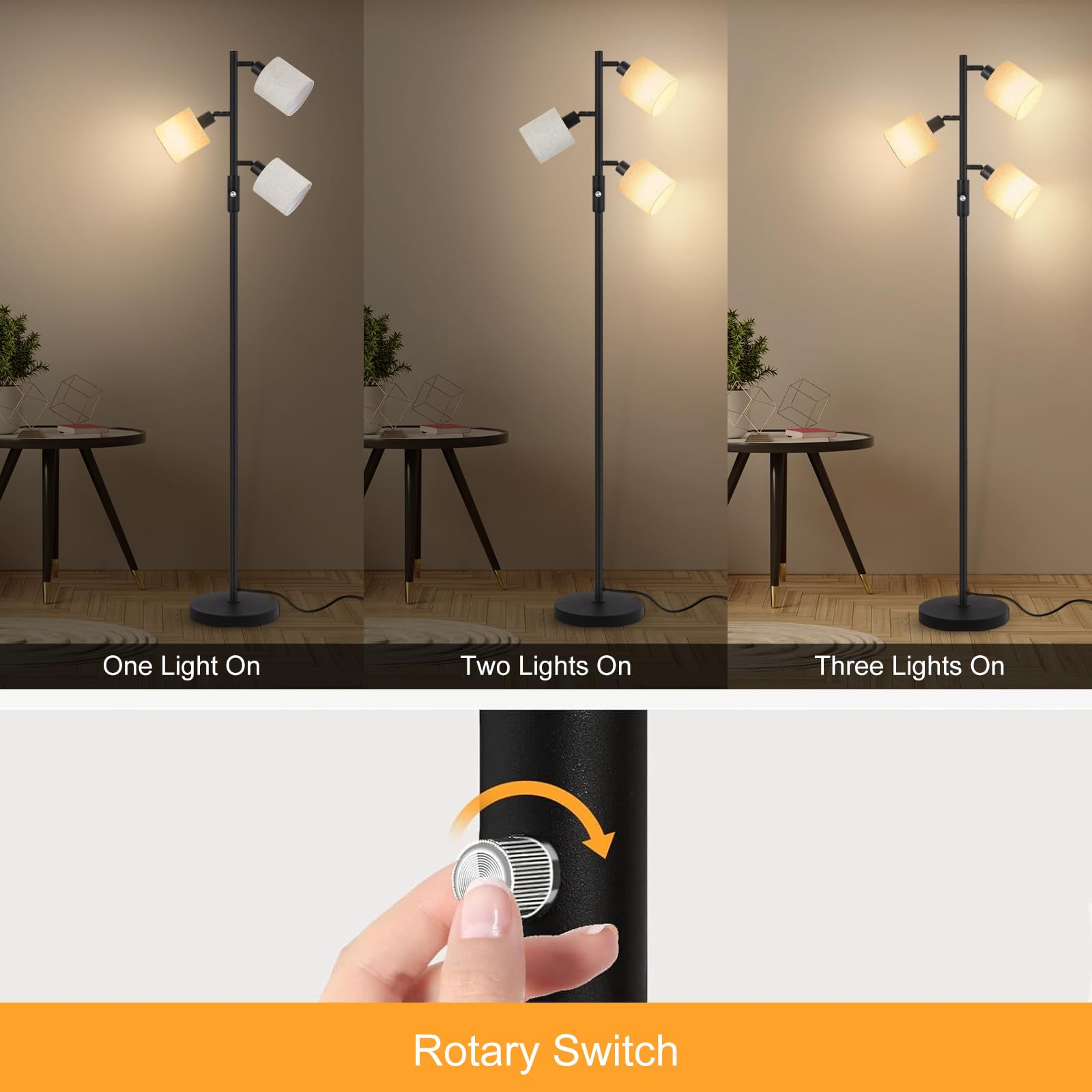 Floor Lamps For Living Room, Standing Lamp, 3-Light Tree Floor Lamp With Lampshade, Reading Floor Lamp With Rotary Switch, 63''
